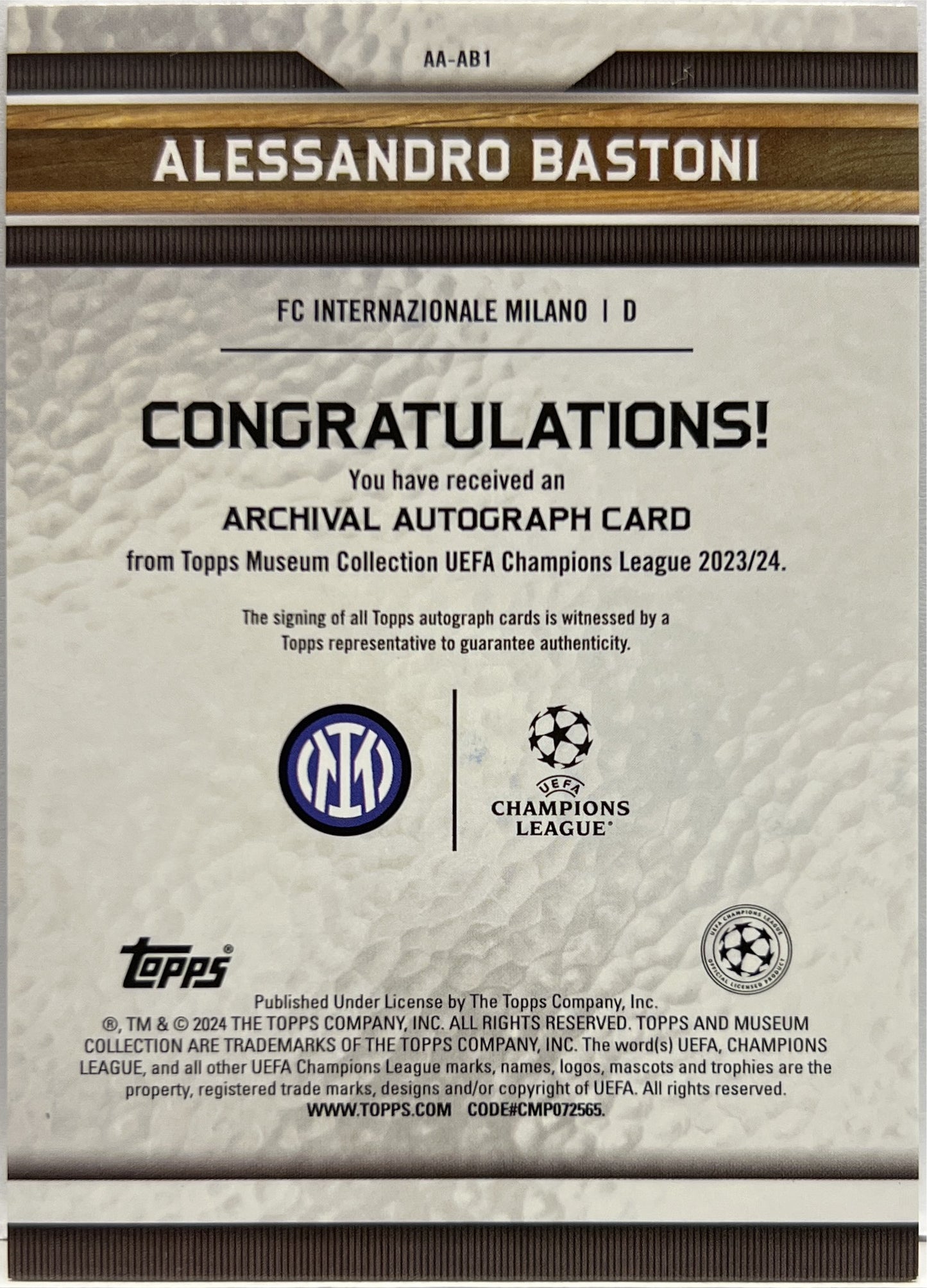 Alessandro Bastoni 4/10 Autograph Topps Museum 2023/24