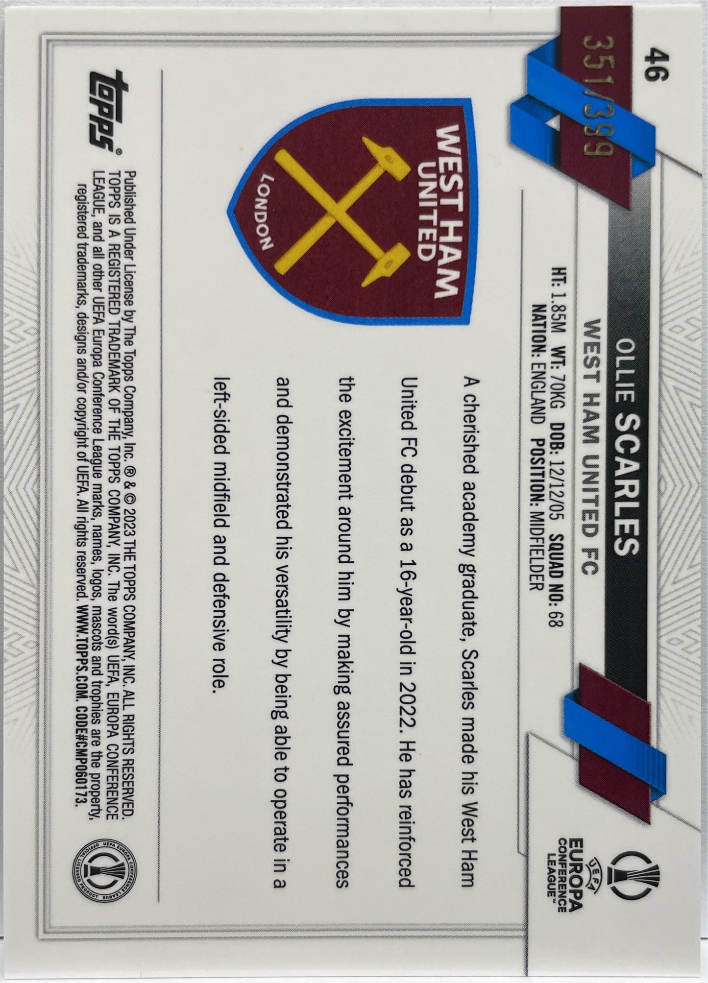 Ollie Scarles 351/399 Rookie Neon Green X-Fractor Topps Chrome UCC 2022/23