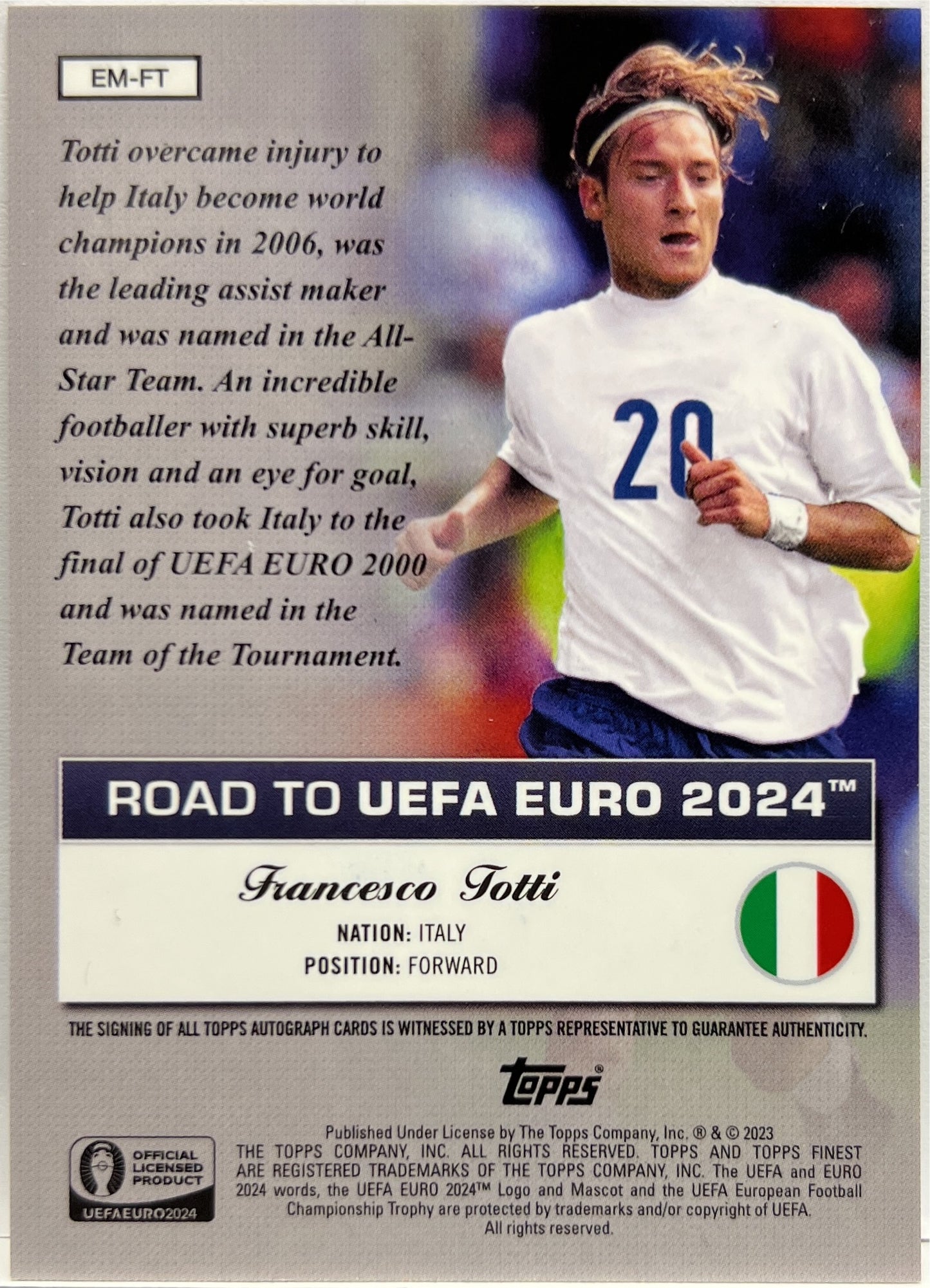 Francesco Totti 58/100 Autograph Euro Masters Topps Finest Road To Uefa Euro 2024