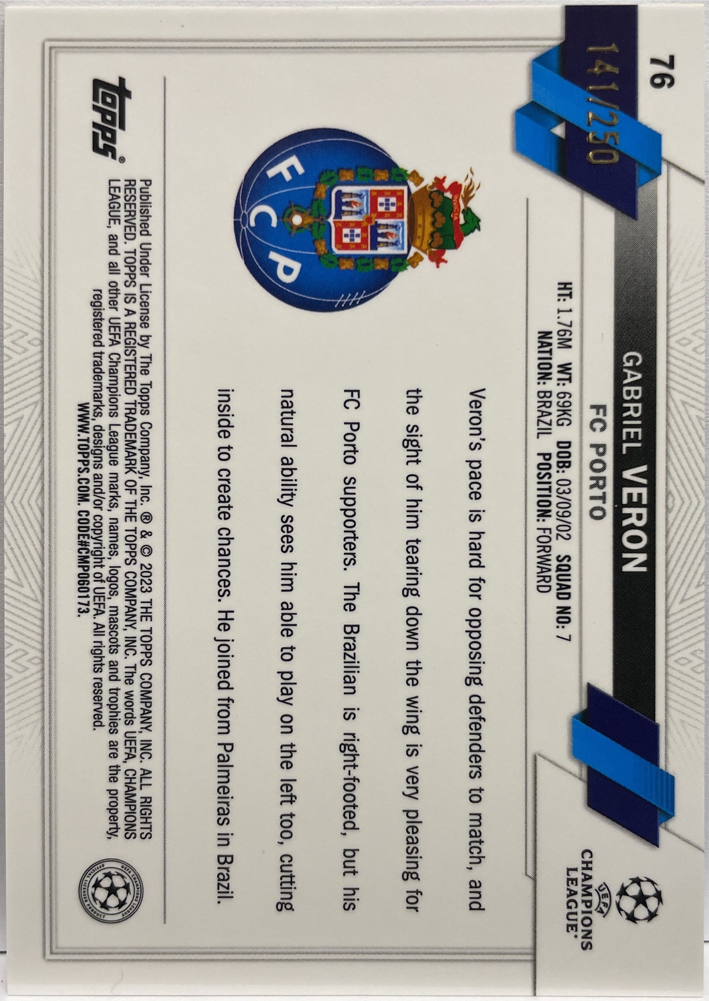 Gabriel Veron 141/250 Pink X-Fractor Topps Chrome UCC 2022/23