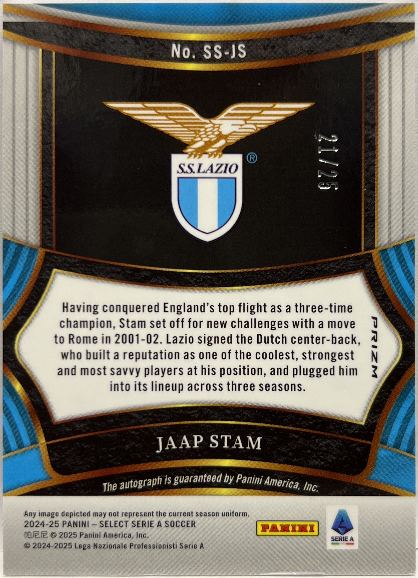 Jaap Stam 21/25 Autograph Tie Die Signature Select Serie A 2024/25