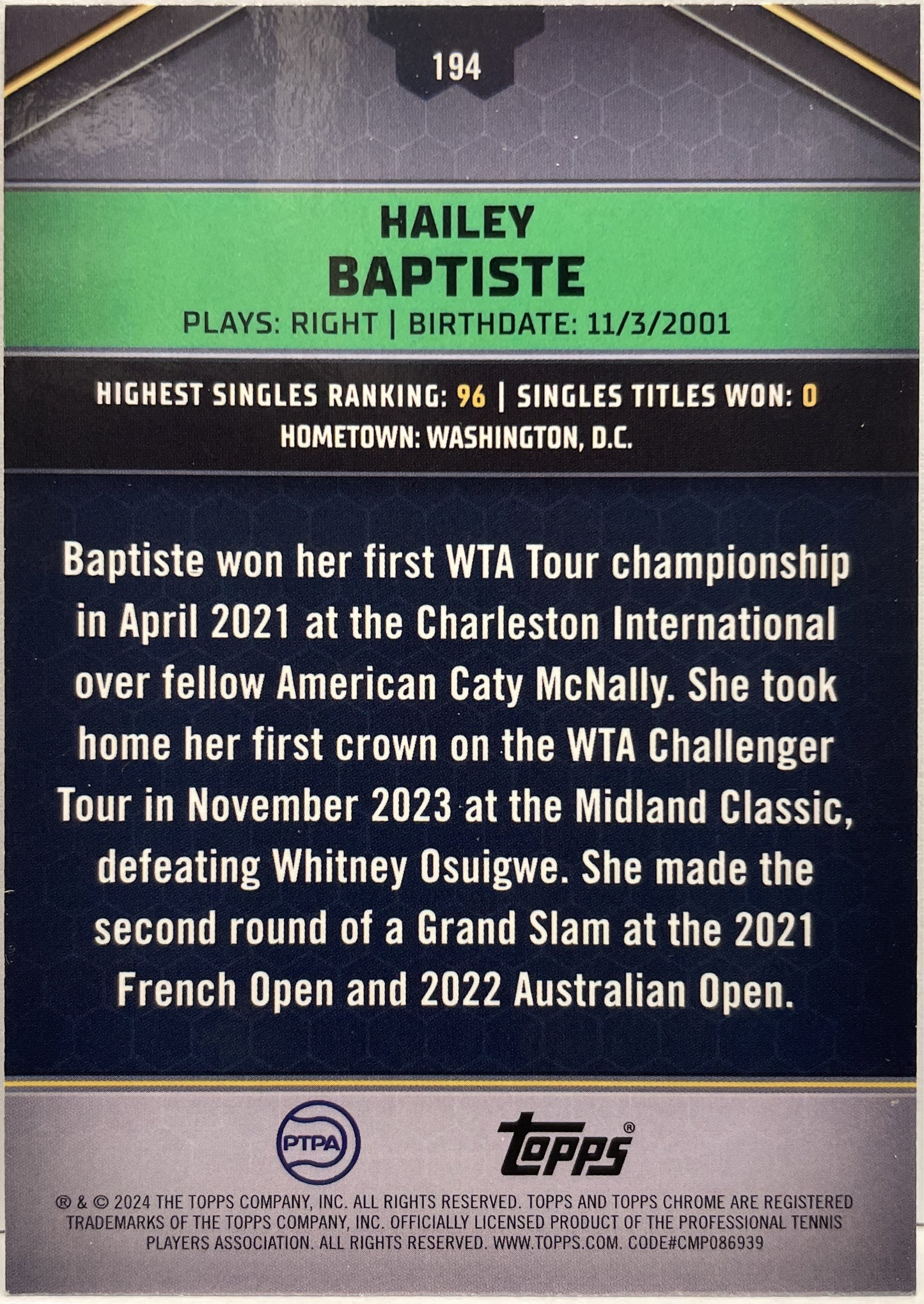 Hailey Baptiste 18/199 Aqua Topps Tennis Graphite 2024