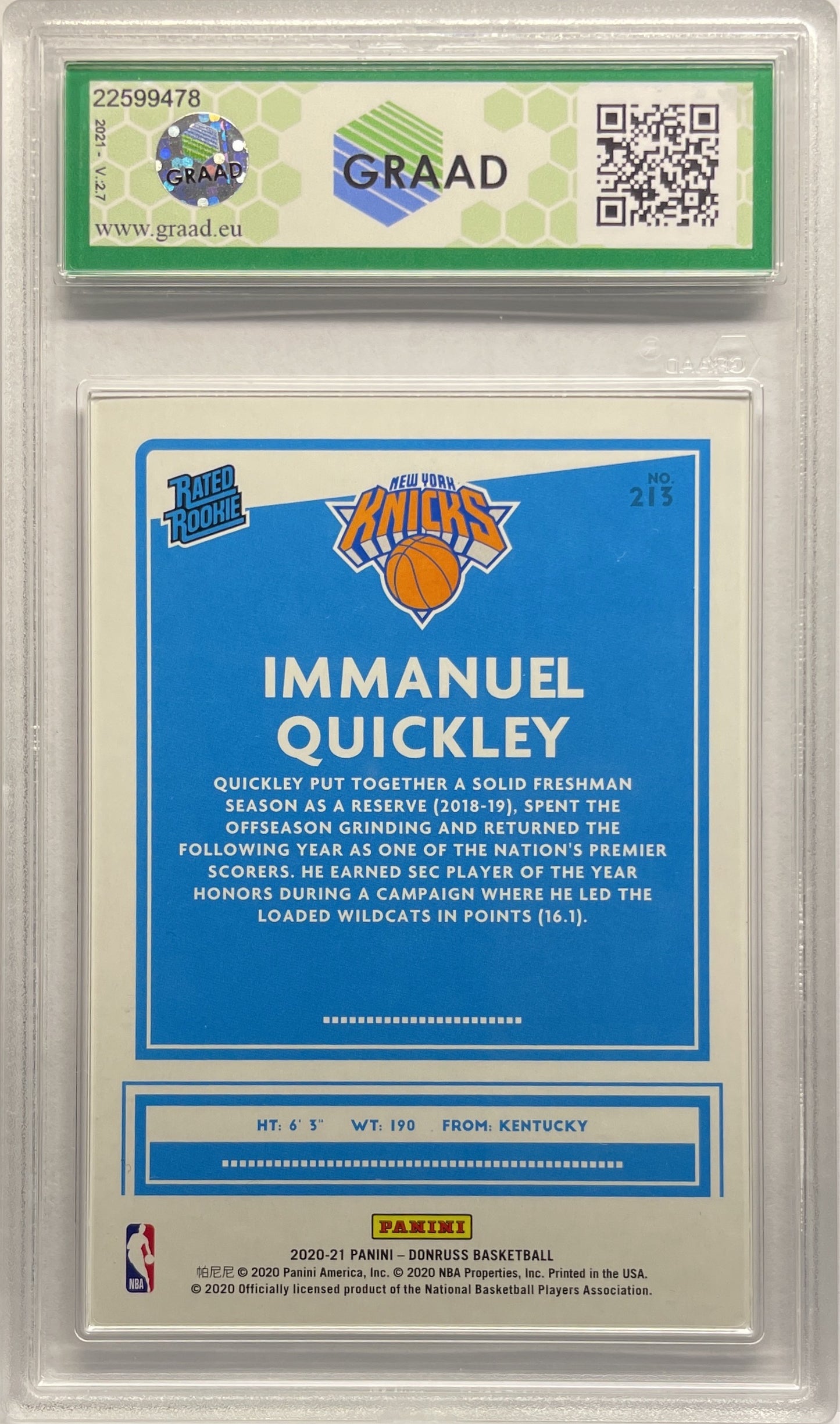 GRAAD 9 - Immanuel Quickley Rated Rookie- Donruss Basketball NBA 2020/21