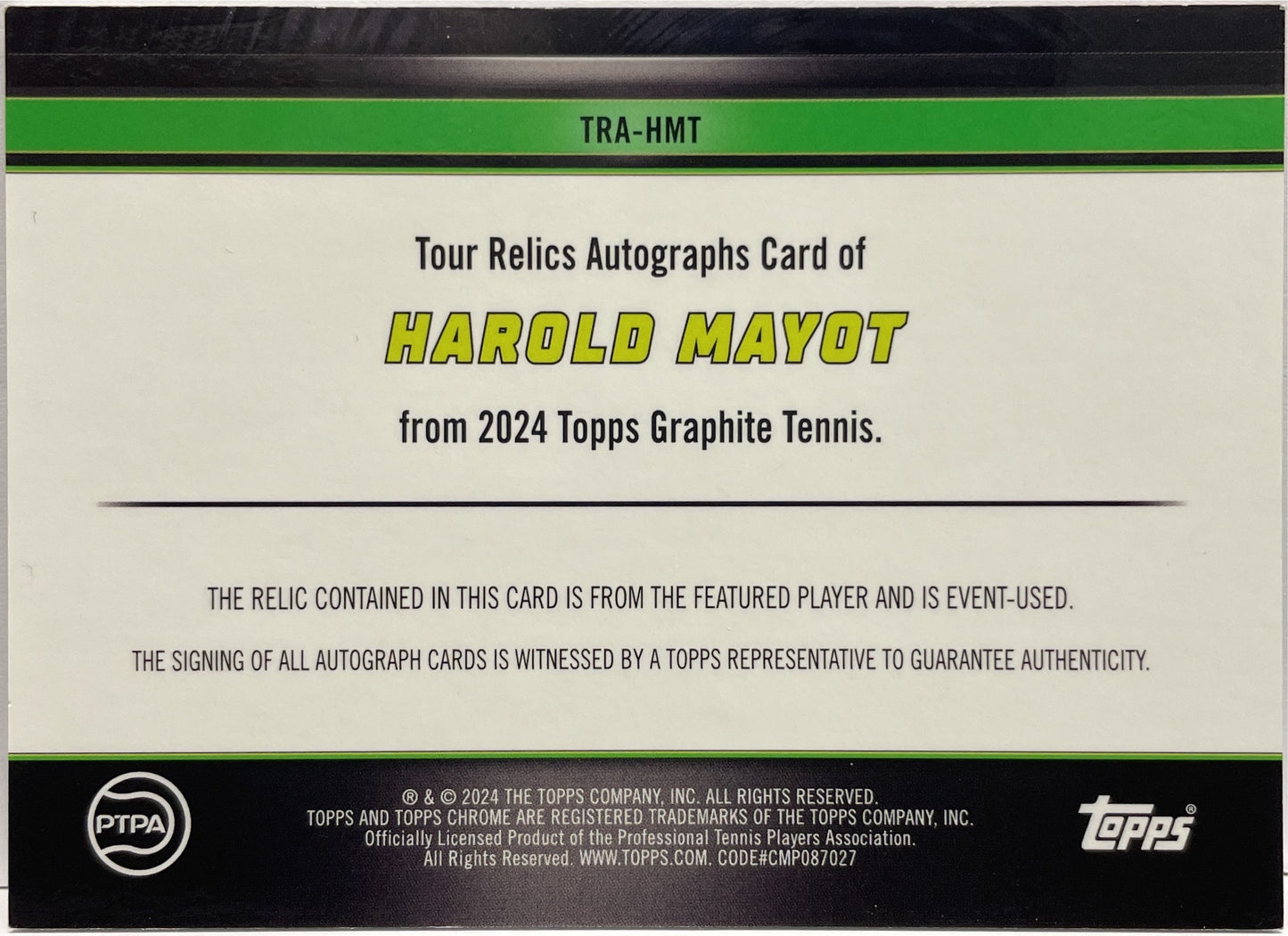 Harold Mayot 15/15 Patch Autograph Tour Relic Topps Tennis Graphite 2024