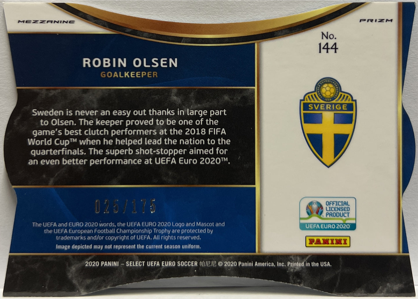 Robin Olsen 25/175 Mezzanine Light Blue Die Cut Prizm Select Uefa Euro 2020