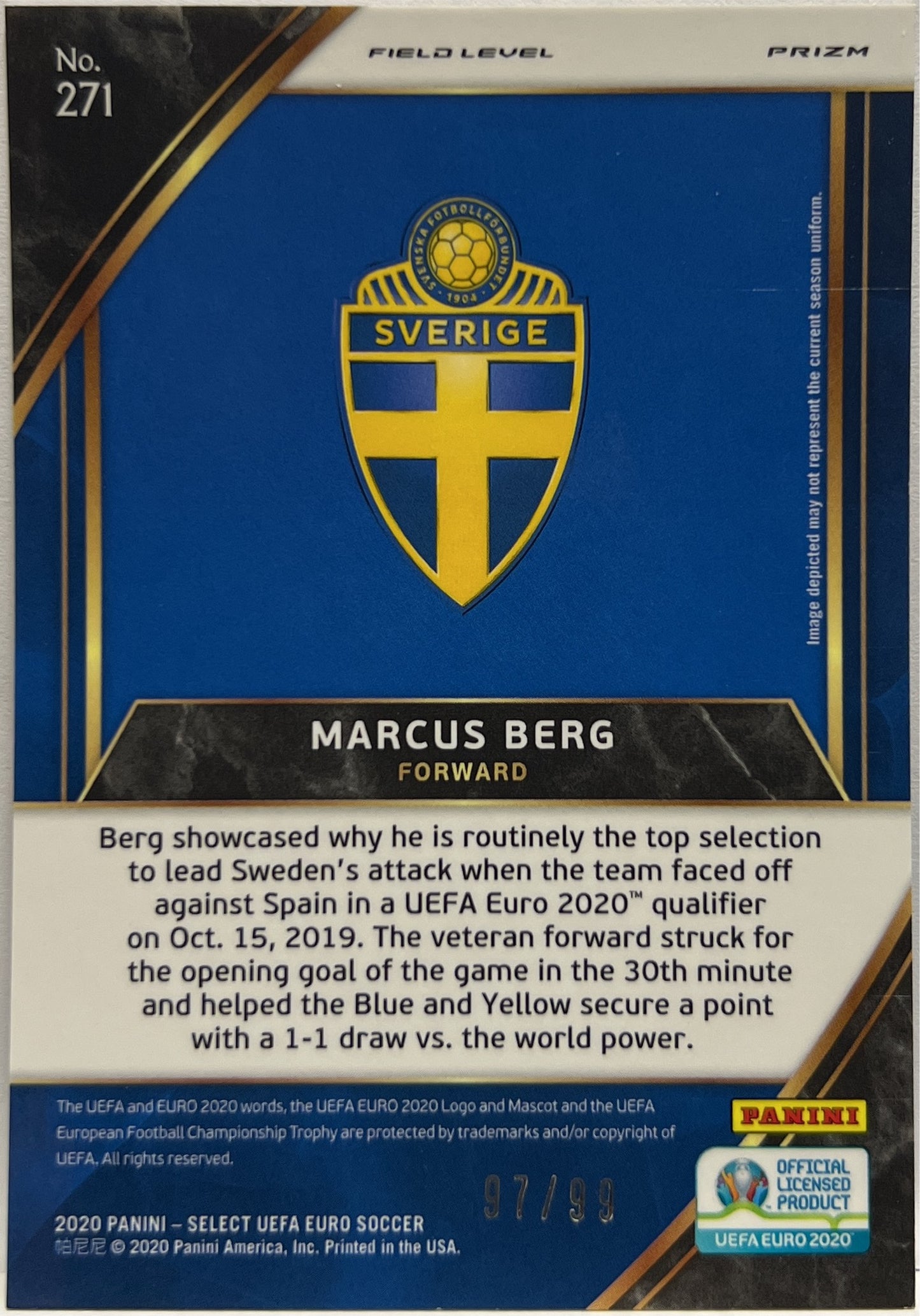 Marcus Berg 97/99 Field Level Pink Prizm Select Uefa Euro 2020