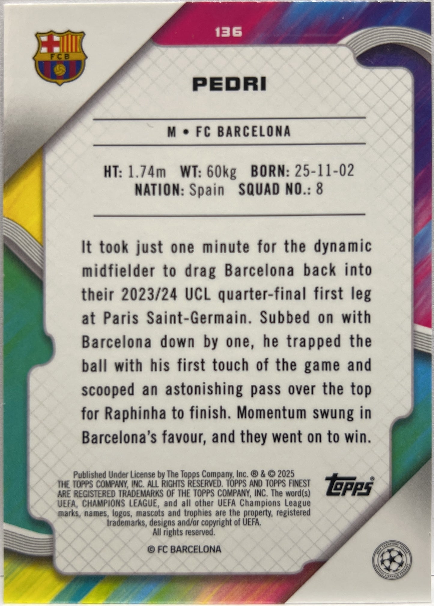 Pedri 95/150 Blue Raywave Topps Finest UCC 2024/25