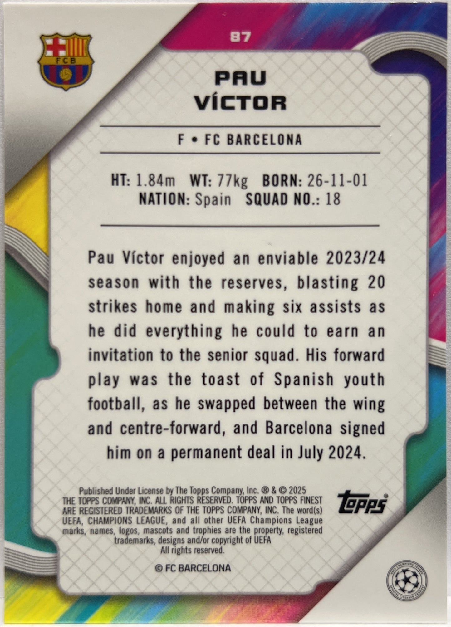 Pau Victor 122/199 Rookie Purple Lava Topps Finest UCC 2024/25