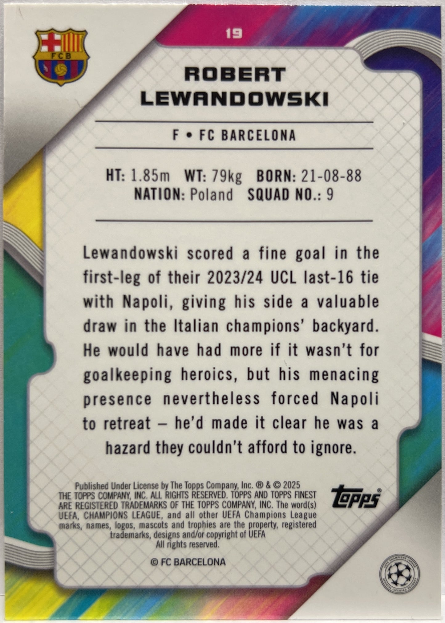 Robert Lewandovski 139/250 Pink Raywave Topps Finest UCC 2024/25