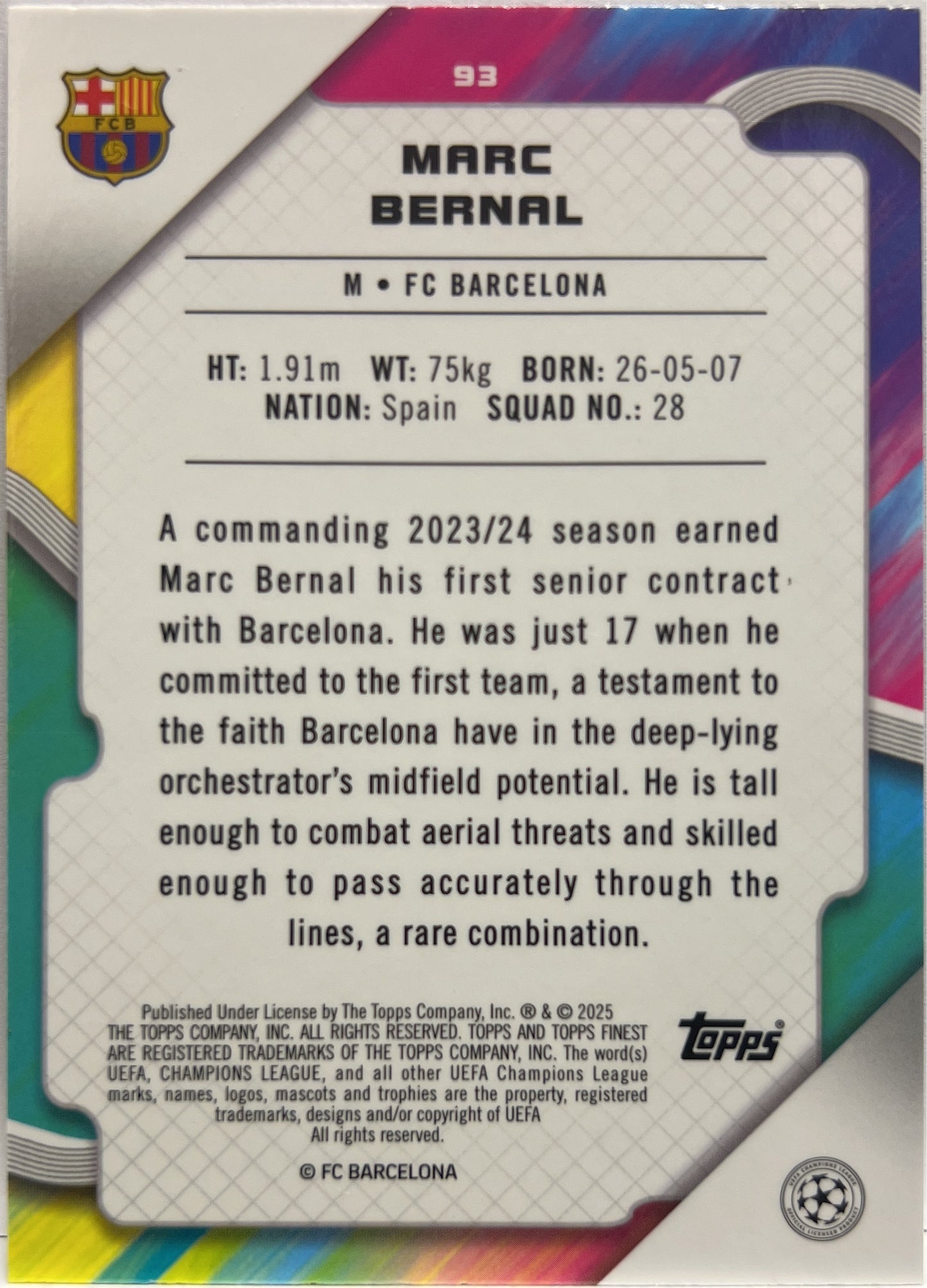 Marc Bernal 97/275 Rookie Sky Blue Topps Finest UCC 2024/25