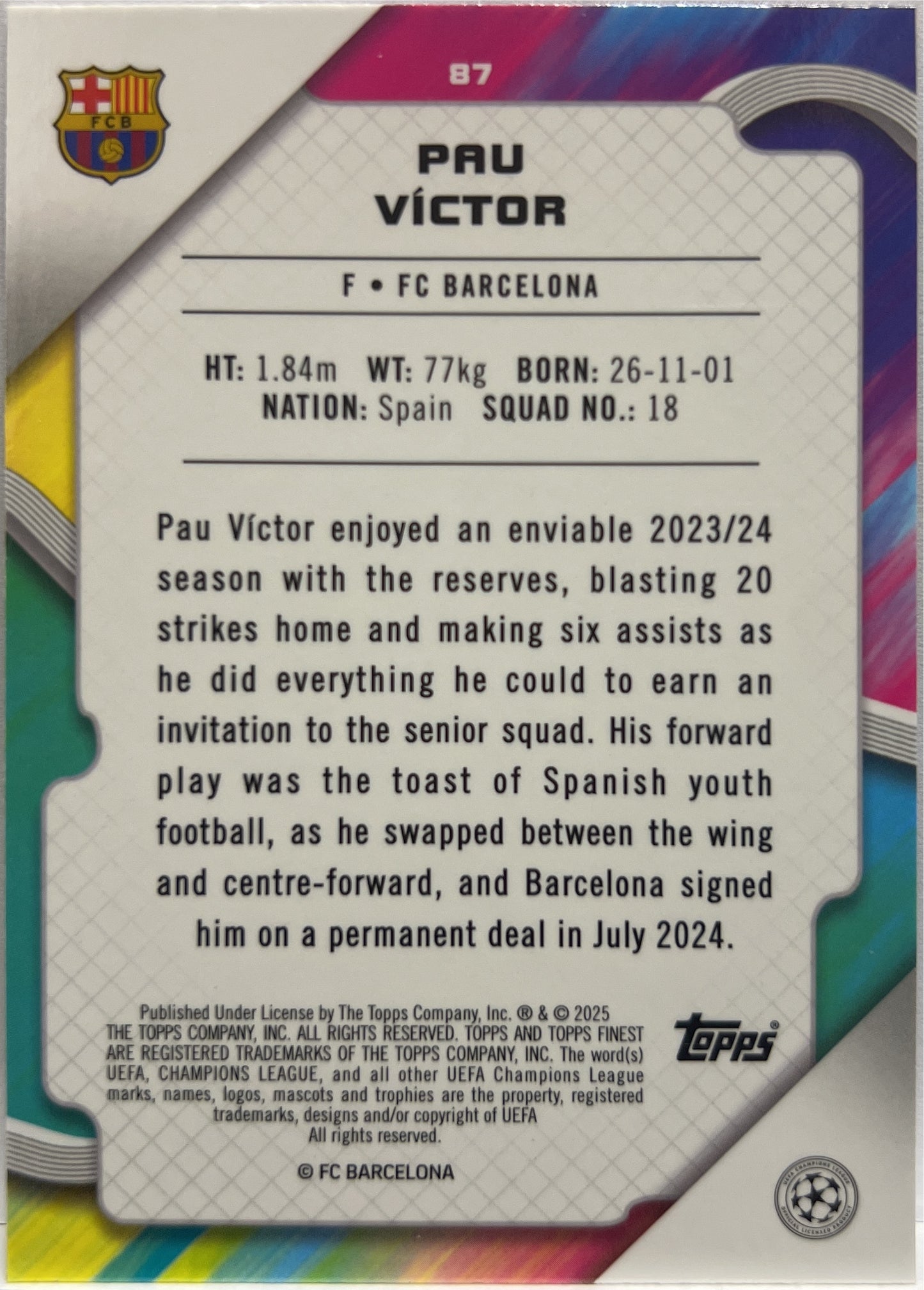 Pau Victor 183/275 Rookie Sky Blue Topps Finest UCC 2024/25