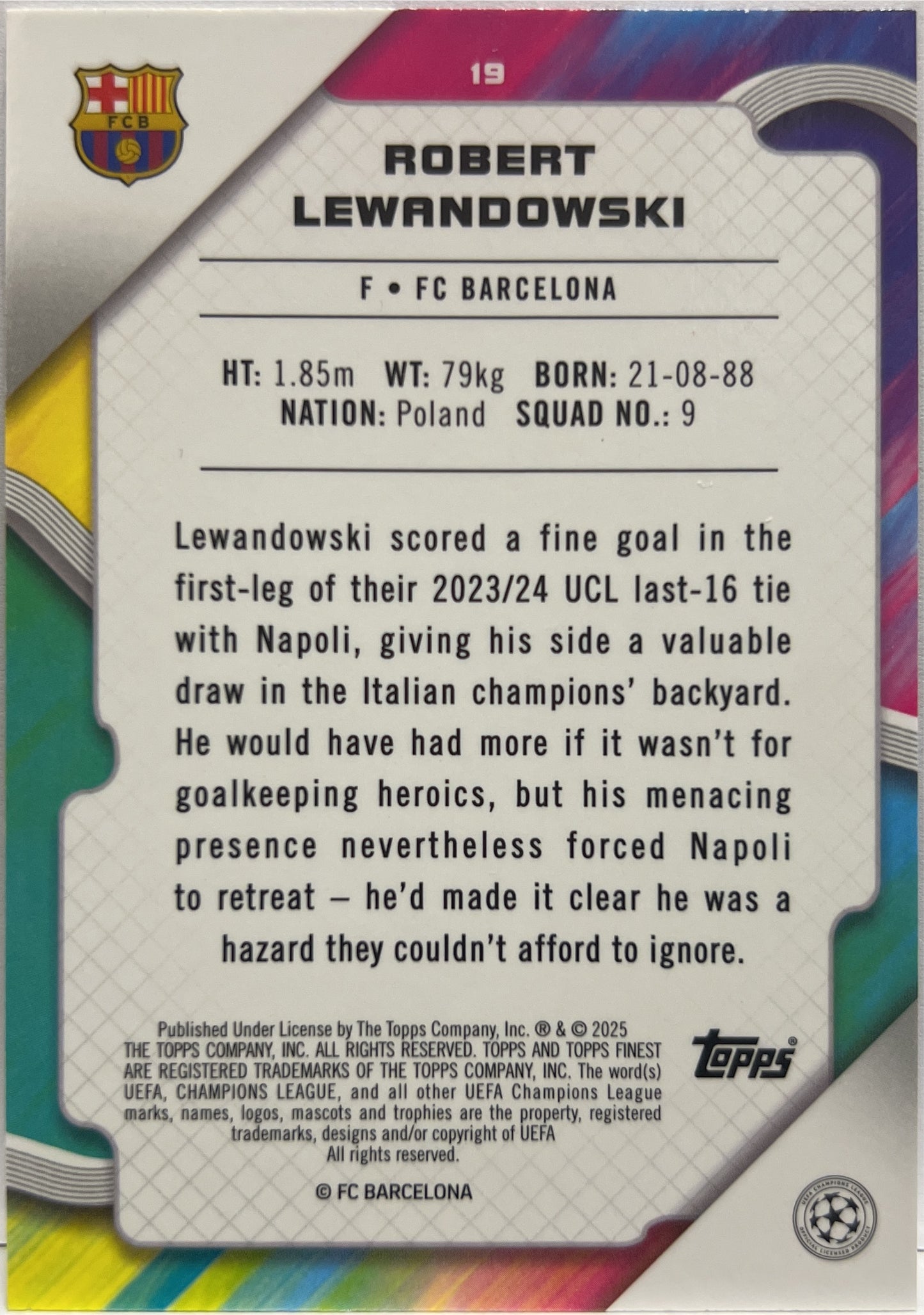 Robert Lewandovski 95/299 Purple Topps Finest UCC 2024/25