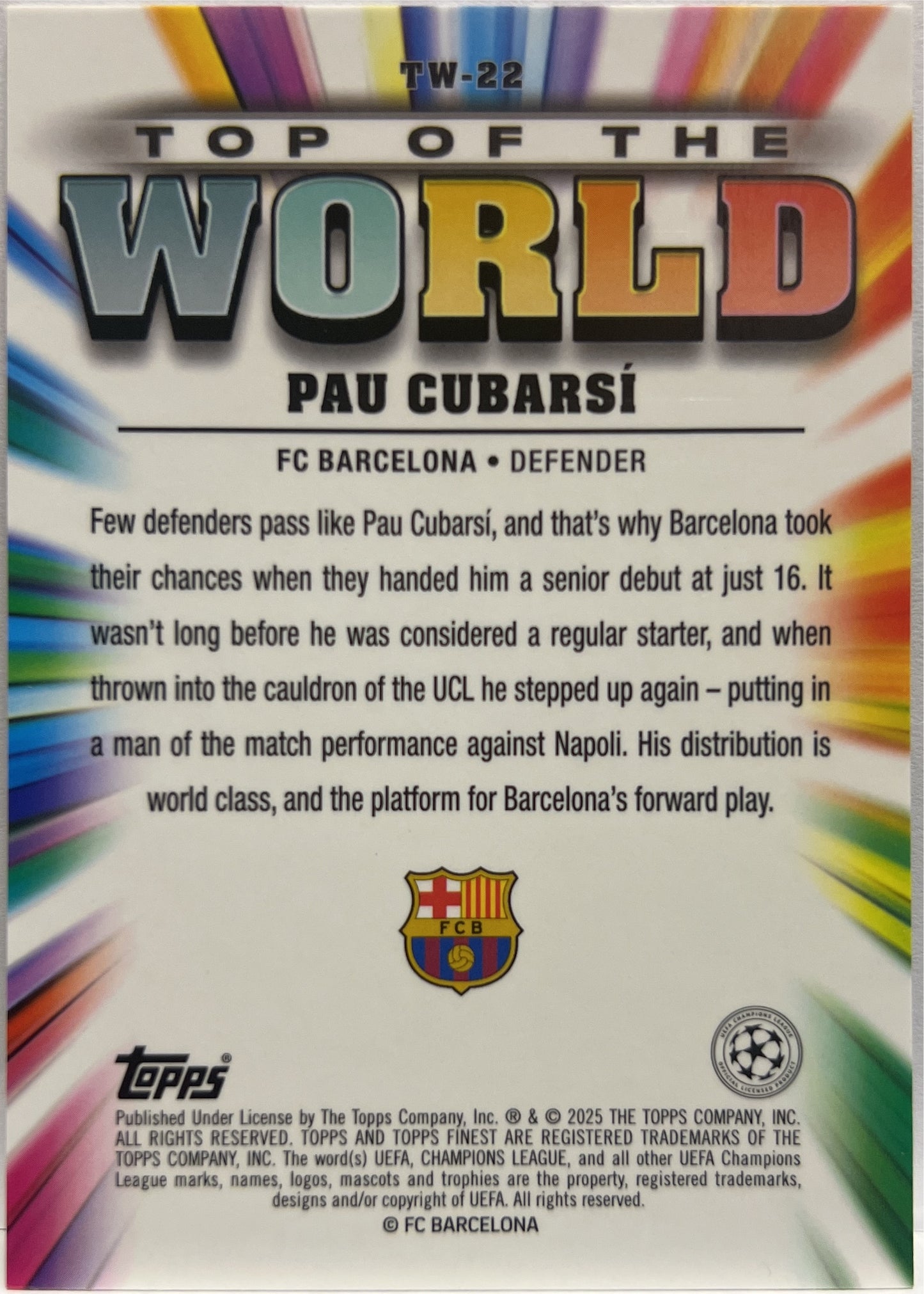 Pau Cubarsi 220/299 Top of The World Purple Topps Finest UCC 2024/25
