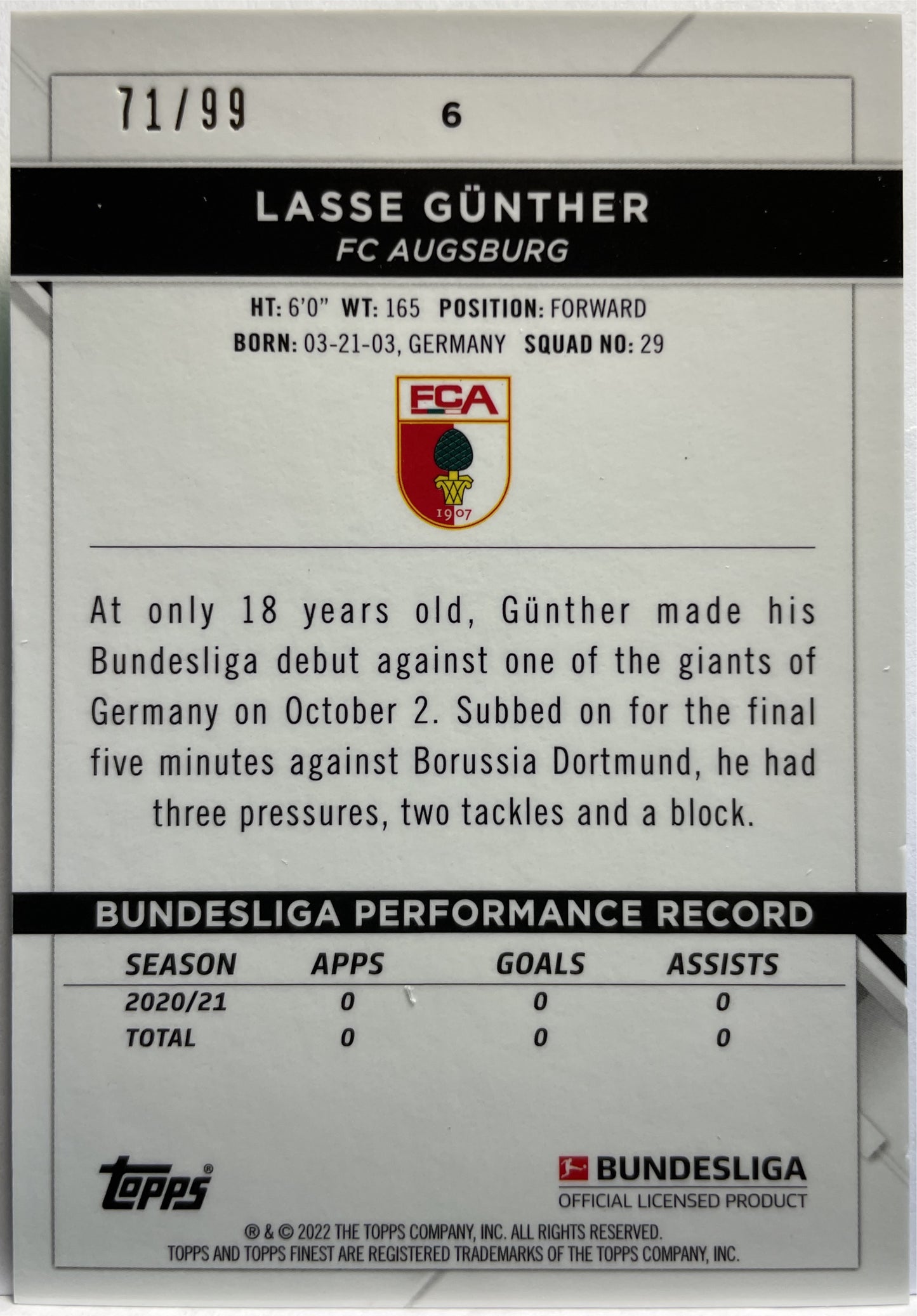 Lasse Gunther 71/99 Rookie Topps Finest 2021/22