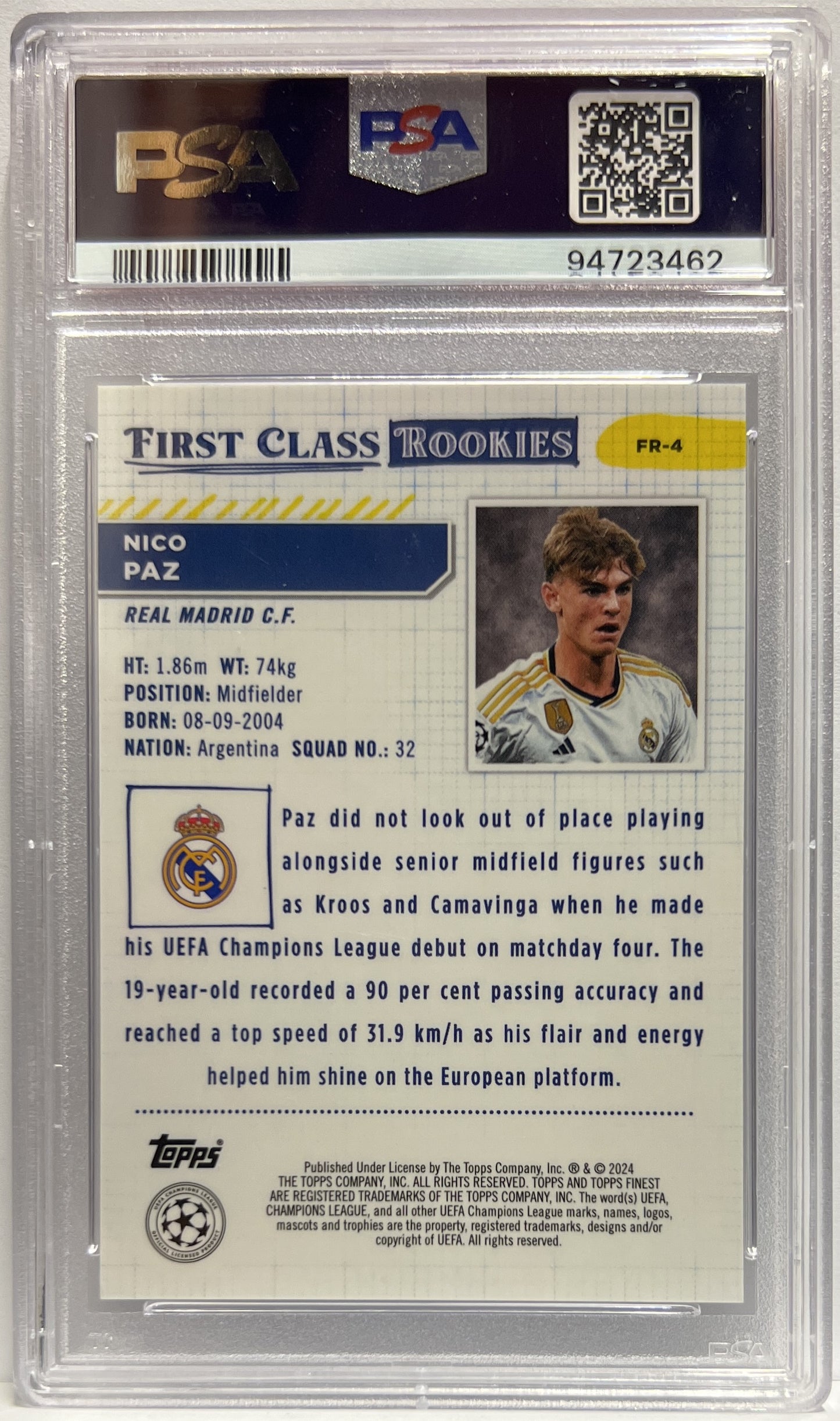 Nico Paz 54/299 Rookie First Class Rookie Purple Topps Finest UCC 2023/24 PSA 10