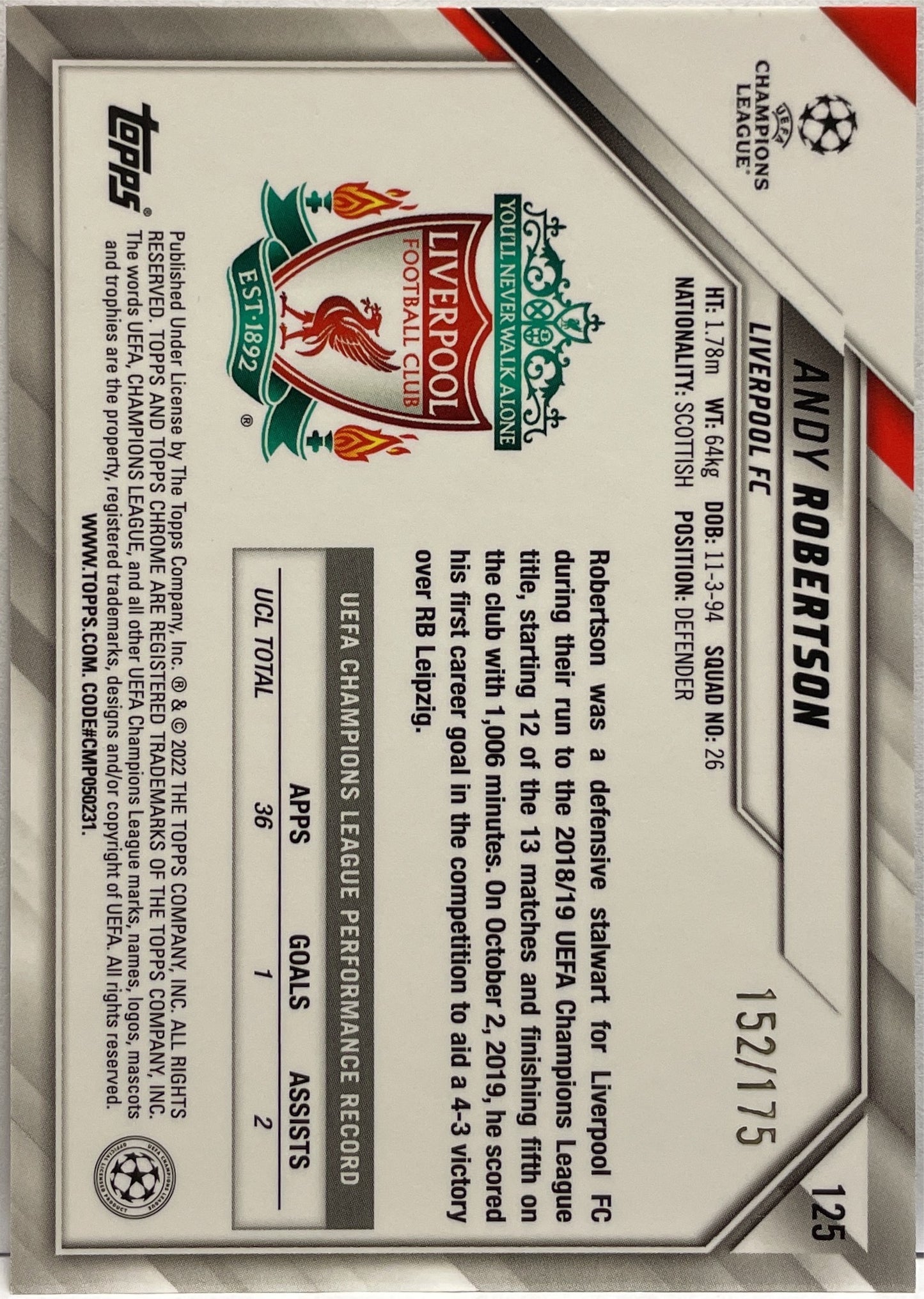 Andy Robertson 152/175 Pink Mini Diamond Topps Chrome UCL 2021/22