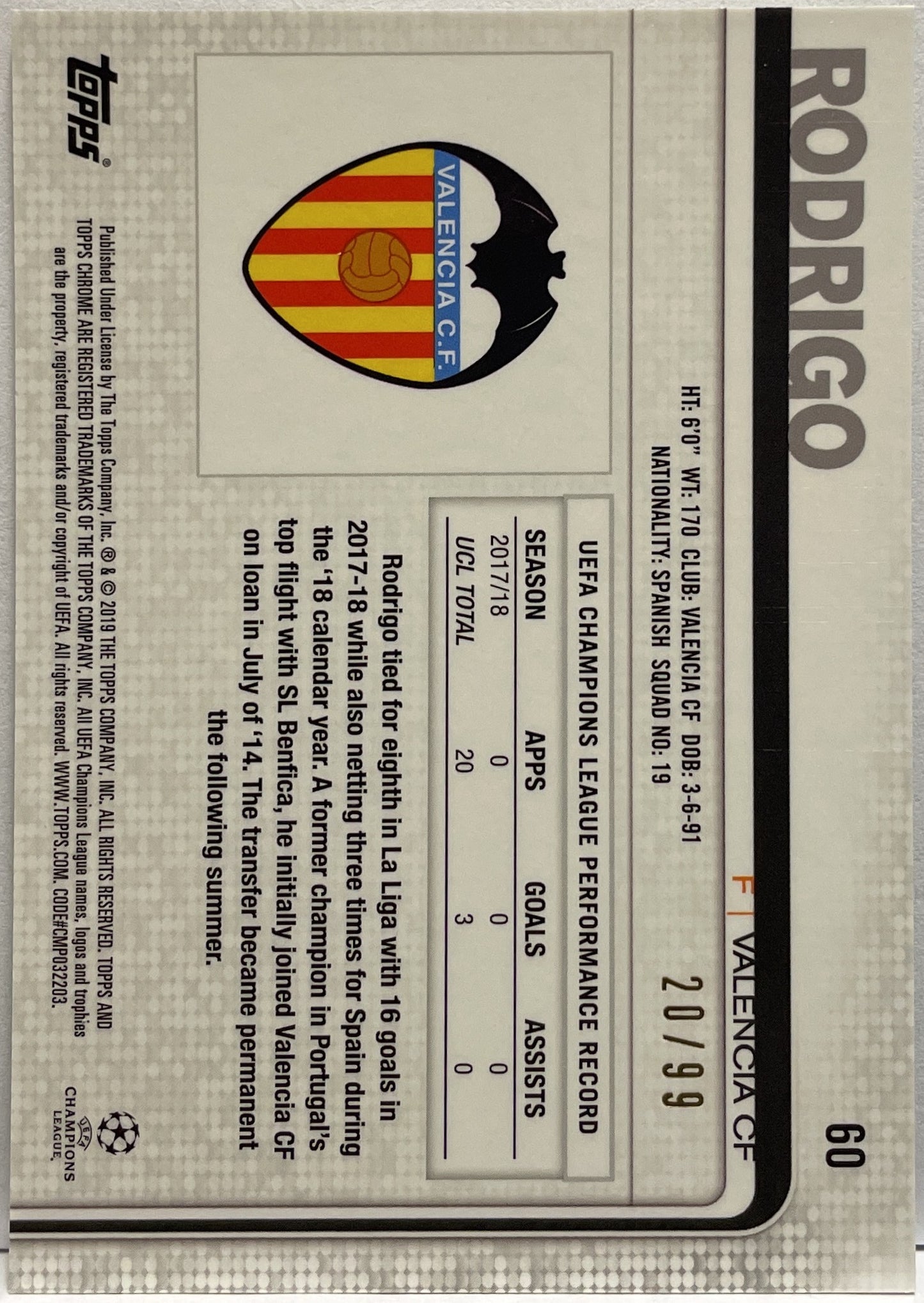 Rodrigo 20/99 Green Topps Chrome UCL 2018/19
