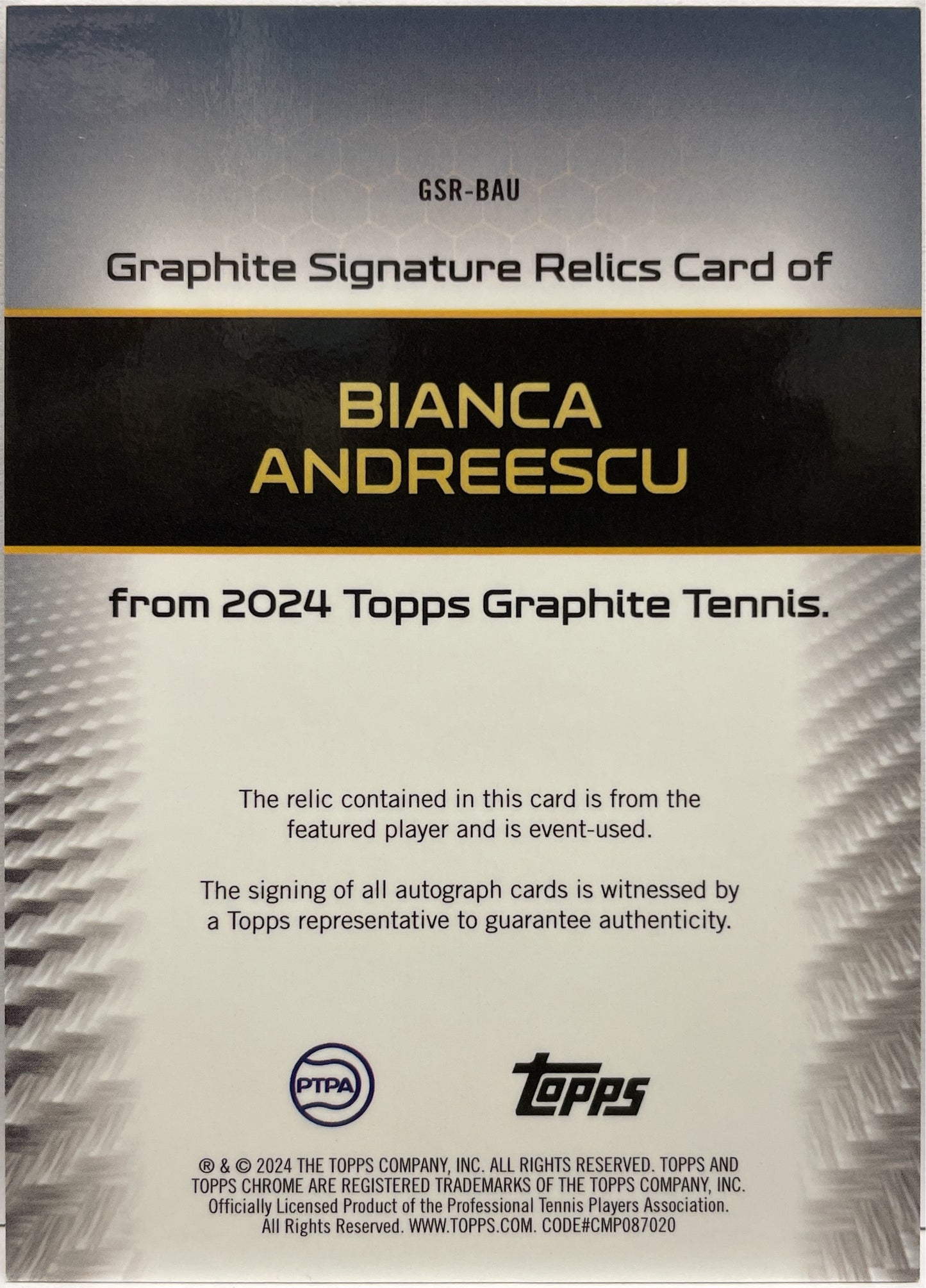 Bianca Andreescu 3/15 Patch Autograph Topps Tennis Graphite 2024