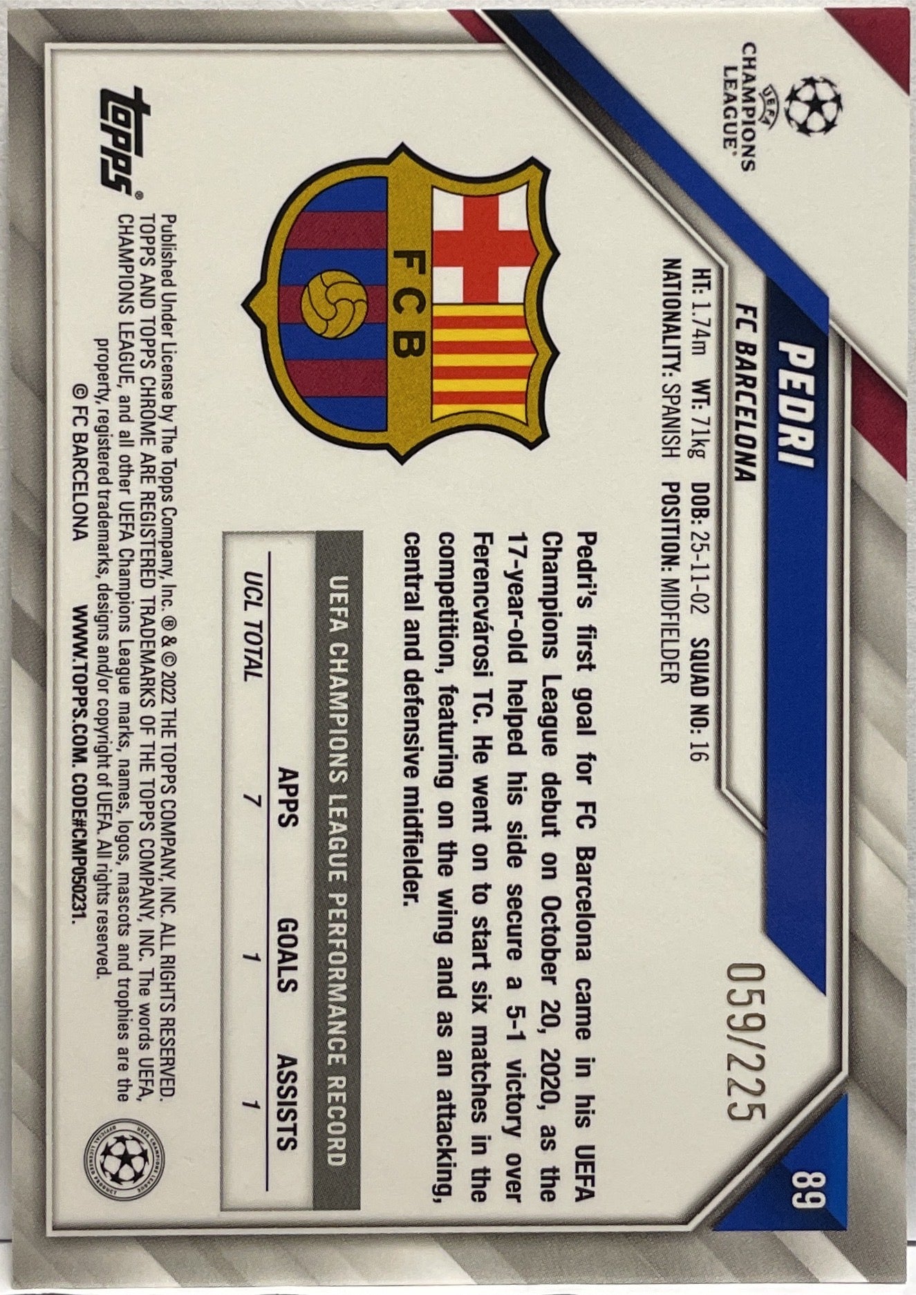 Pedri 59/225 All Star Rookie Night Vision Topps Chrome UCL 2021/22