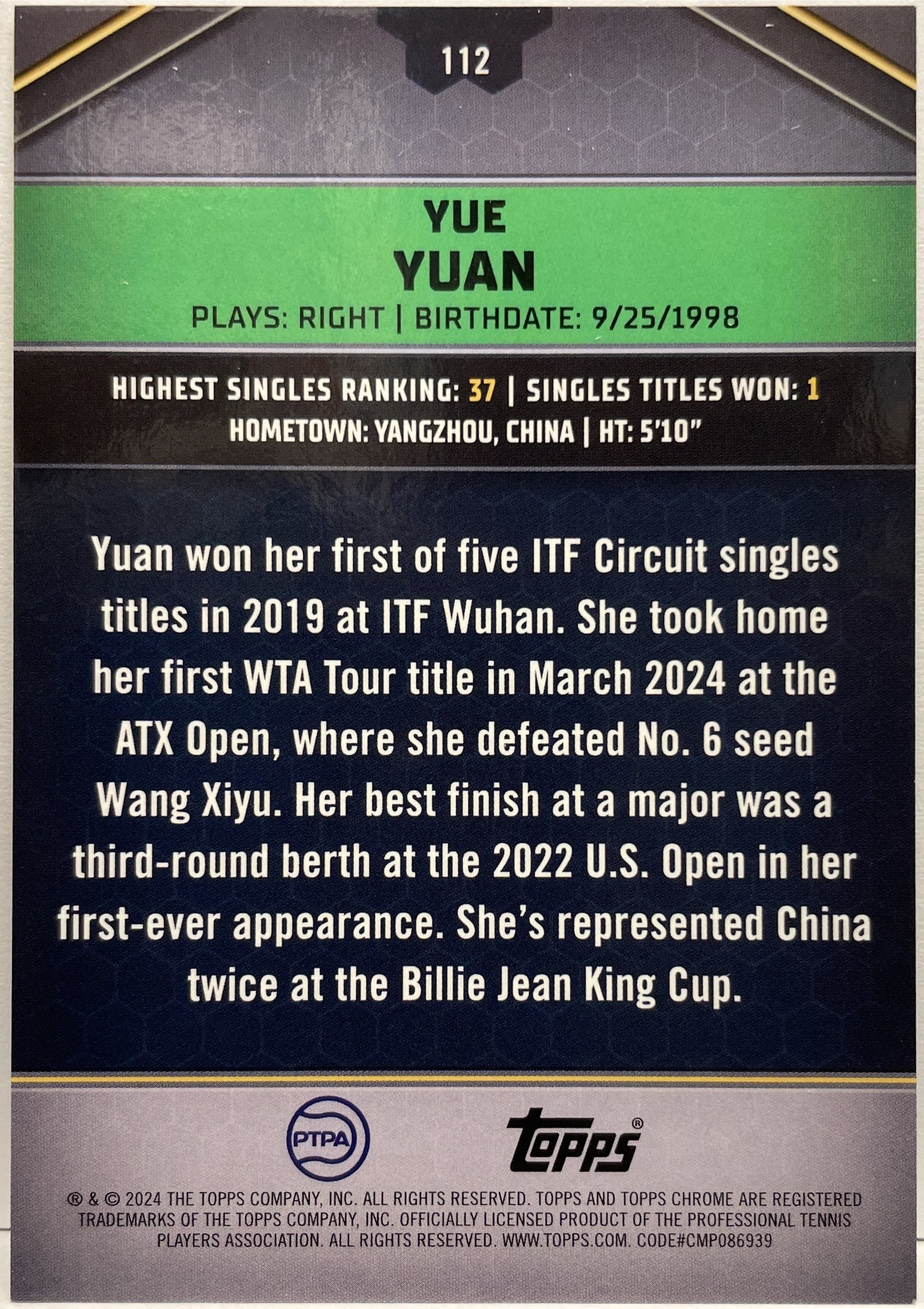 Yue Yuan 20/25 Gold Topps Tennis Graphite 2024