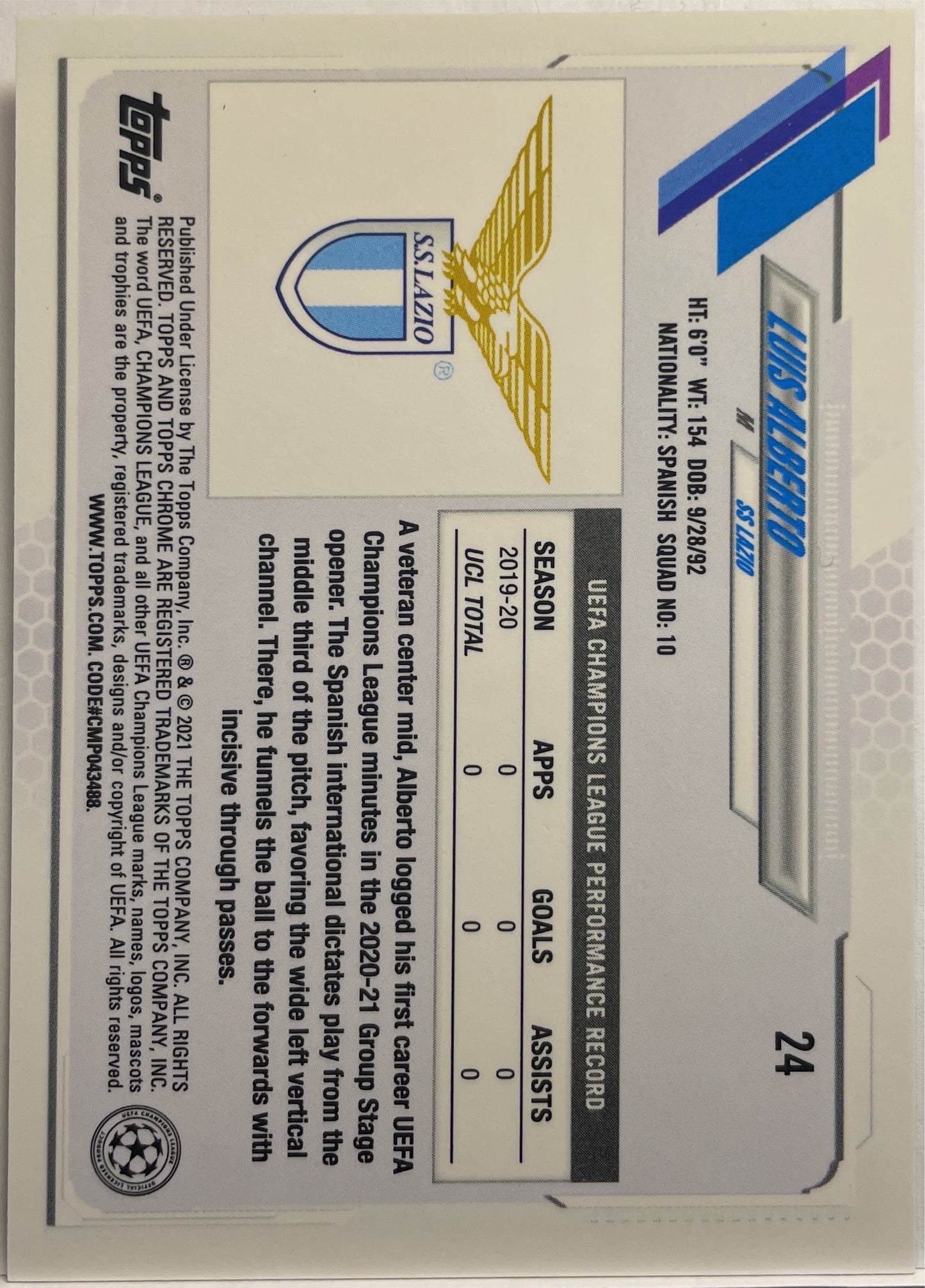 Luis Alberto Pink Topps Chrome UCL 2020/21