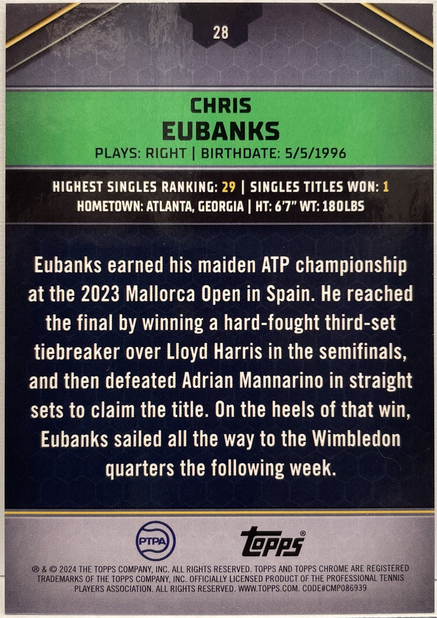 Chris Eubanks 16/25 Gold Topps Tennis Graphite 2024