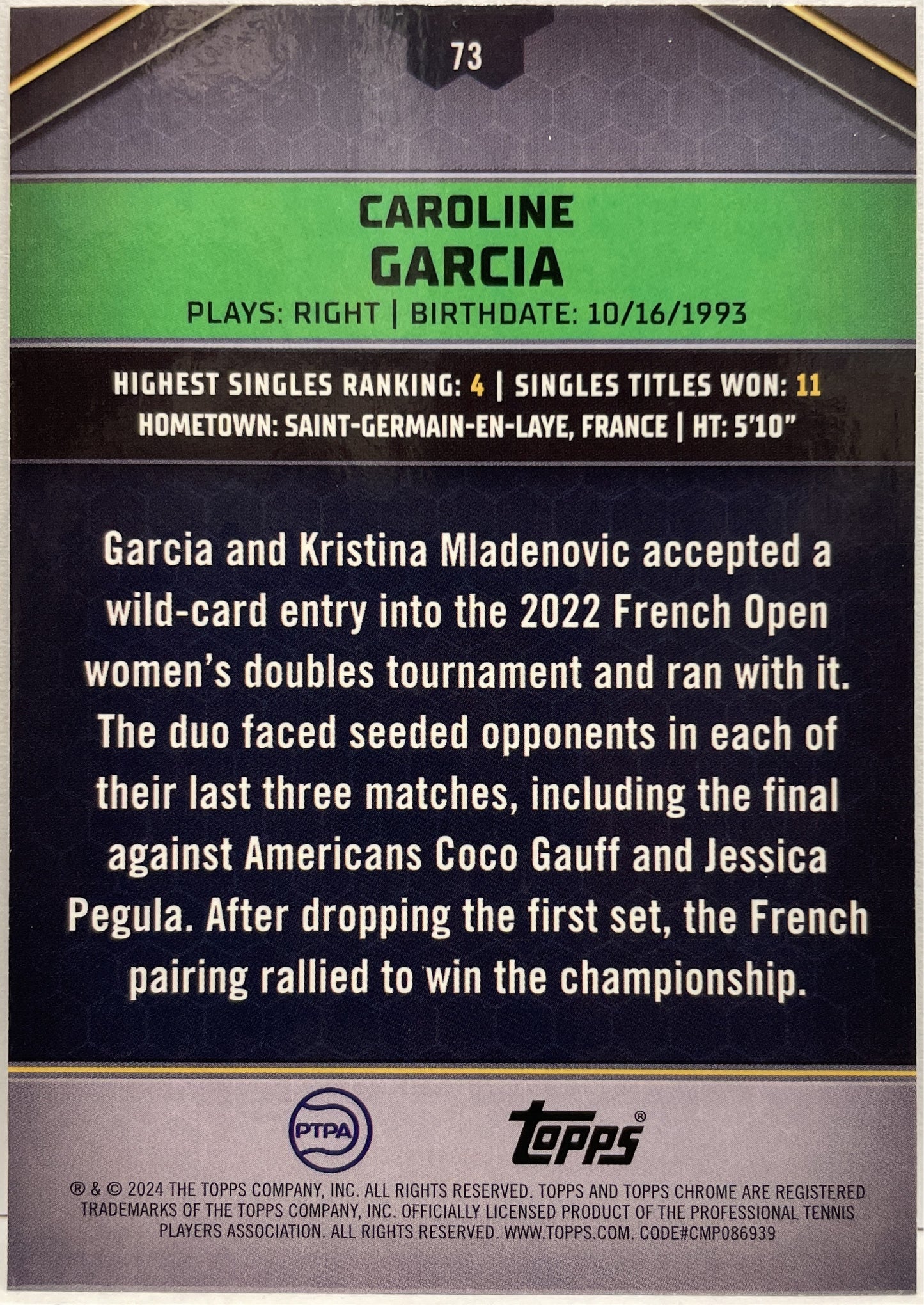 Caroline Garcia 155/199 Aqua Topps Tennis Graphite 2024