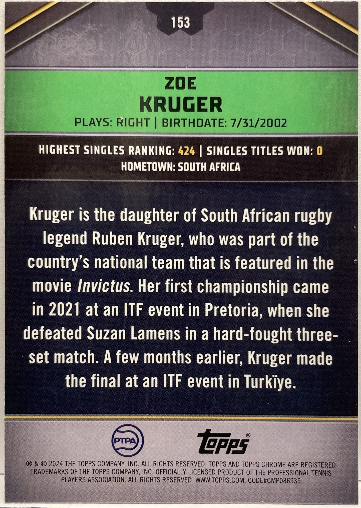Zoe Kruger 189/199 Aqua Topps Tennis Graphite 2024