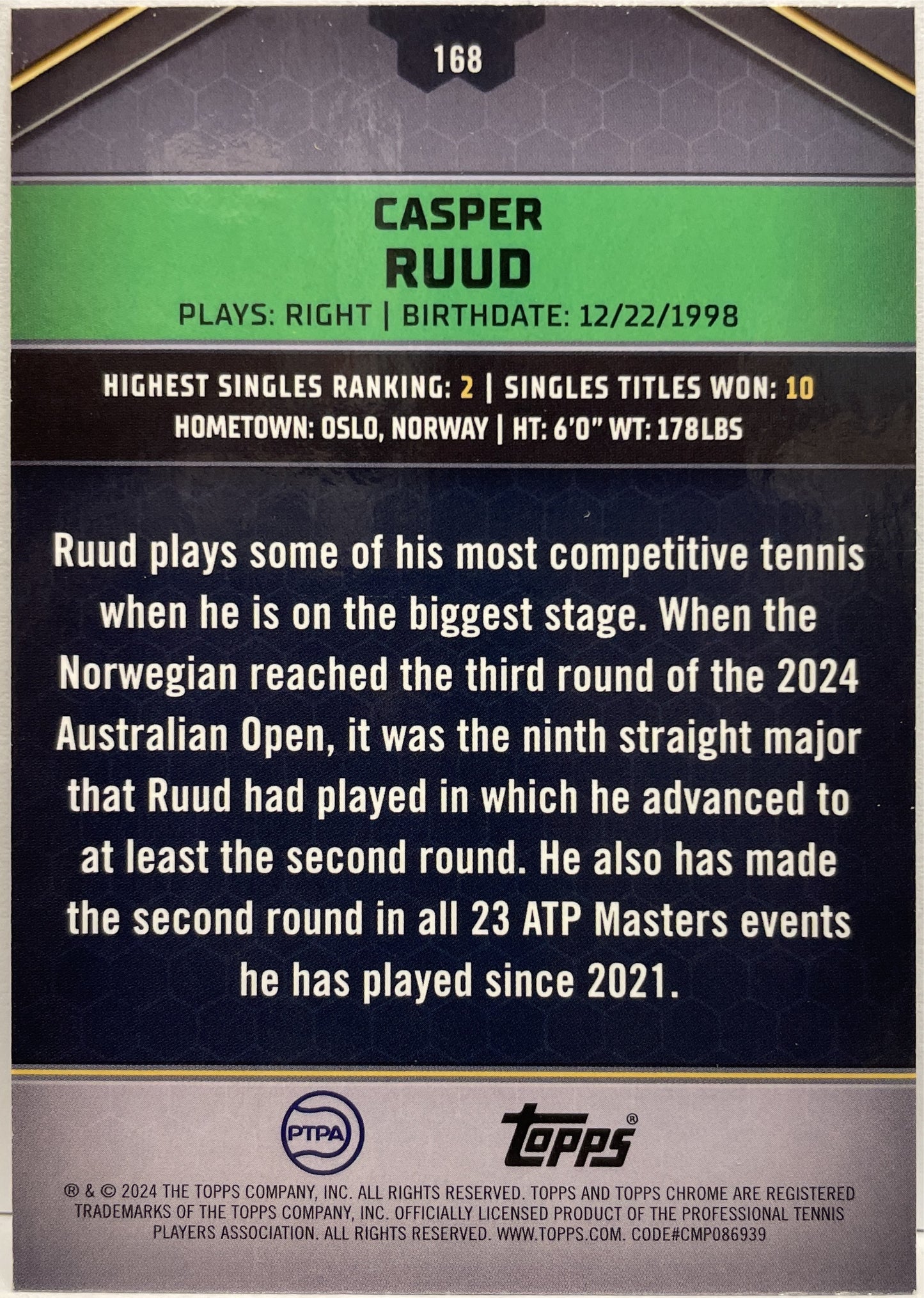 Casper Ruud 4/199 Aqua Topps Tennis Graphite 2024