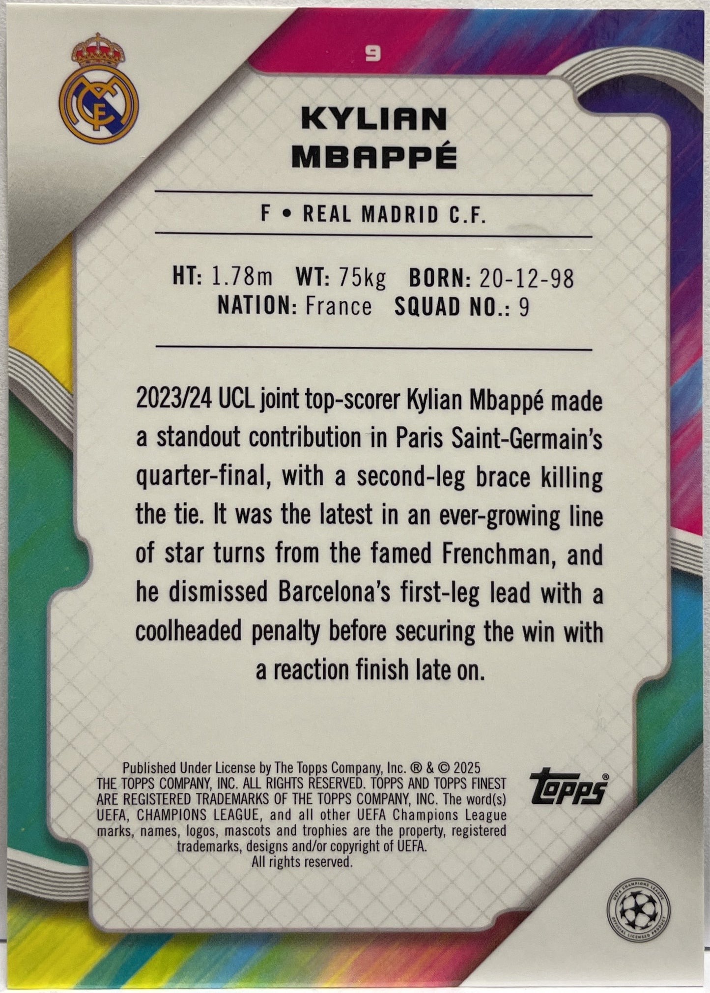Kylian Mbappe 82/199 Purple Lava Topps Finest UCC 2024/25