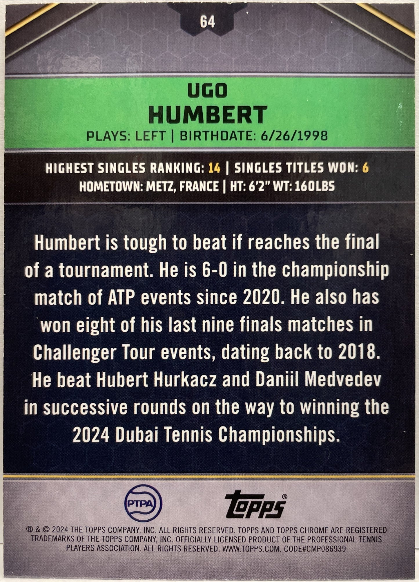 Ugo Humbert 69/75 Green Topps Tennis Graphite 2024