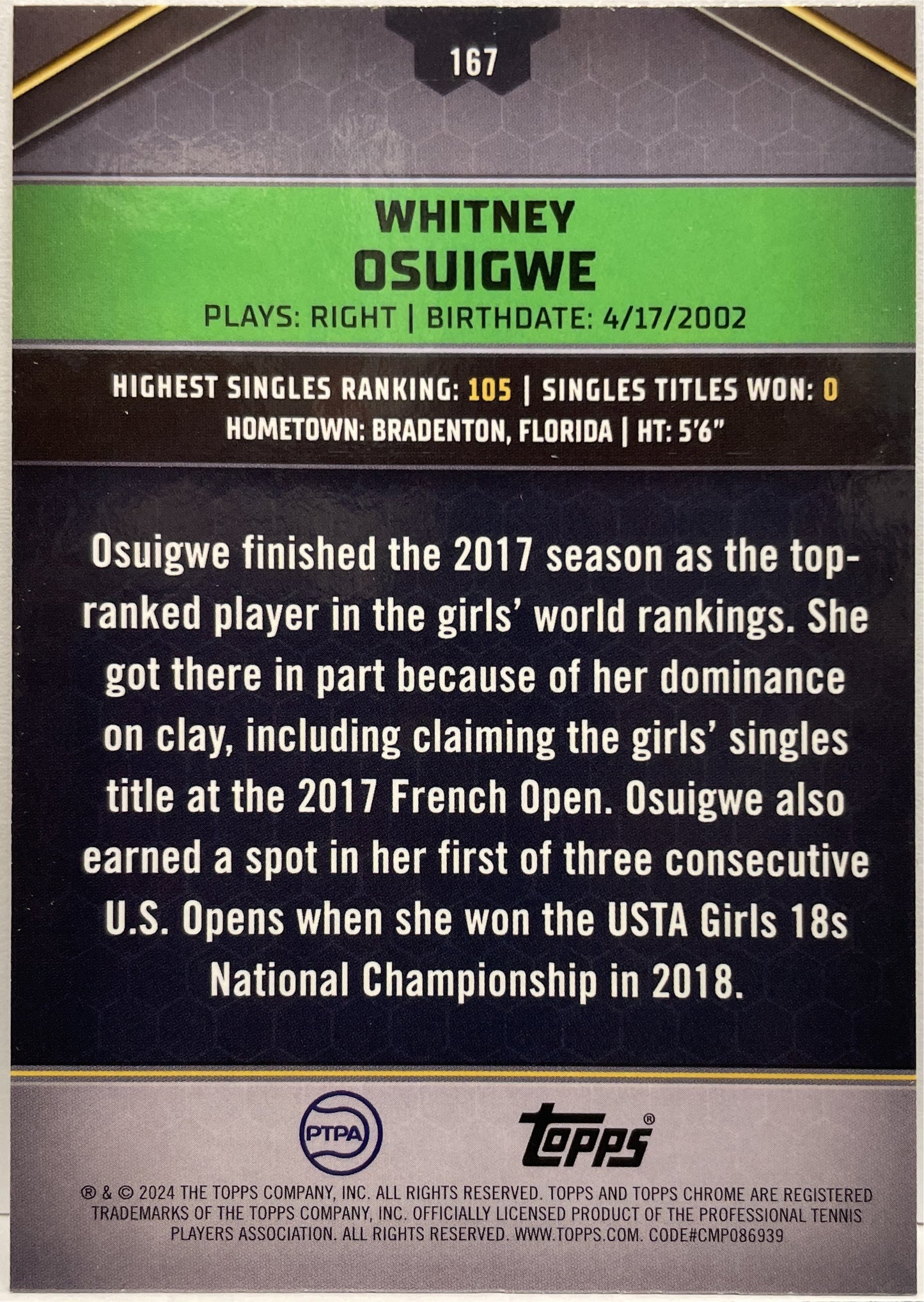 Whitney Usuigwe 61/75 Green Topps Tennis Graphite 2024