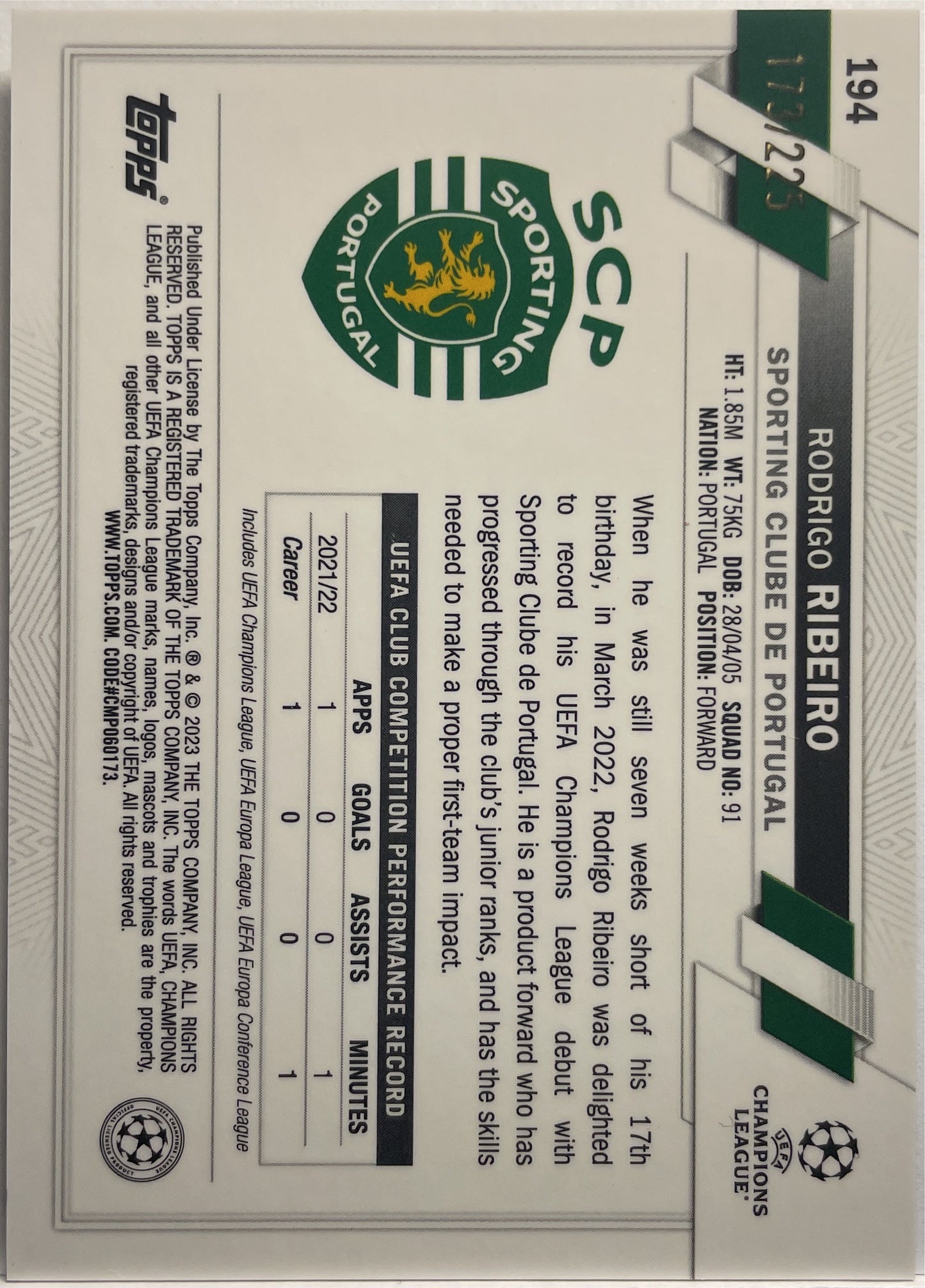 Rodrigo Ribeiro 173/225 Rookie Night Vision Ray Wave Topps Chrome 2022/23