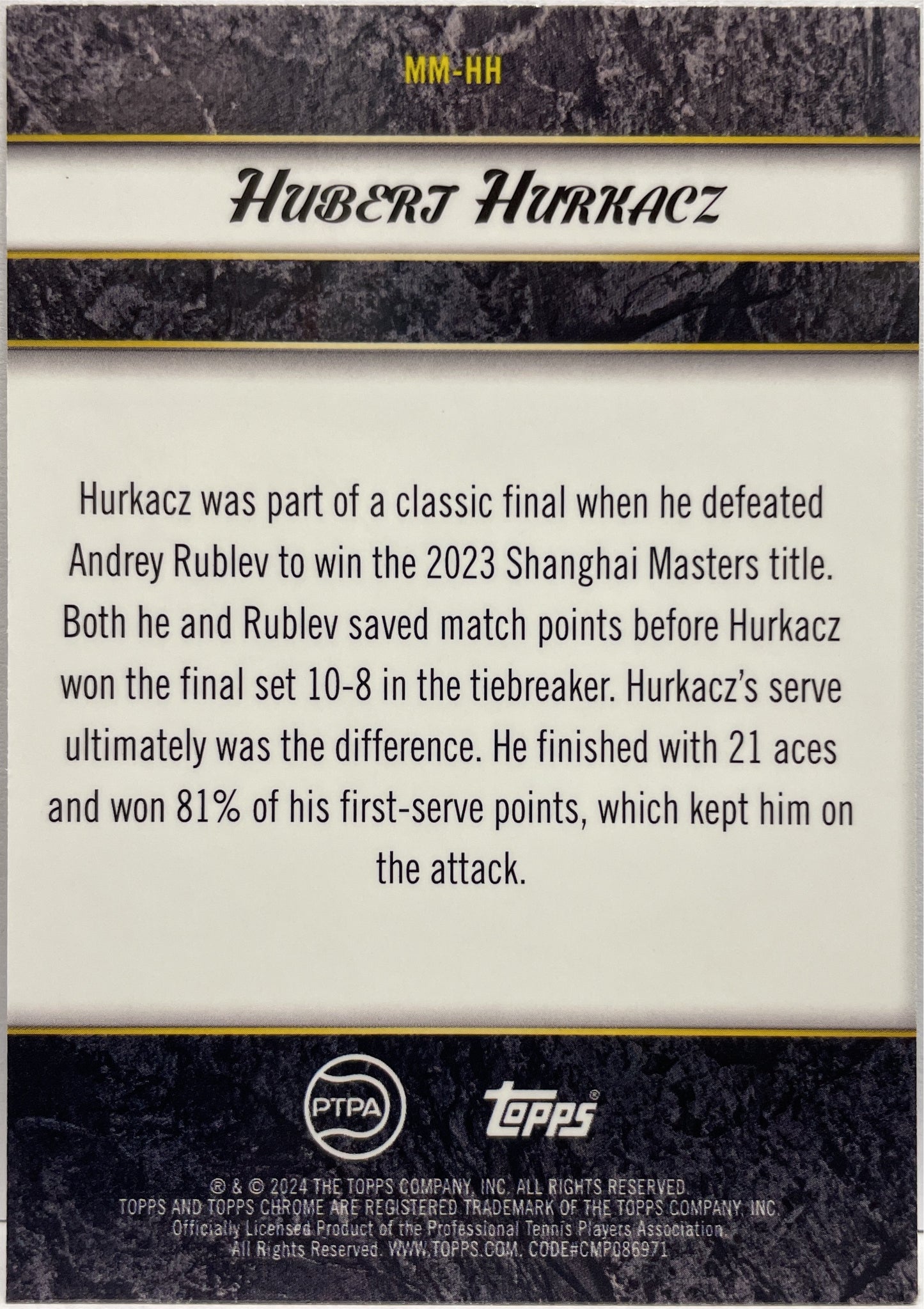 Huberj Hurkacz 144/199 Match Master Aqua Topps Tennis Graphite 2024