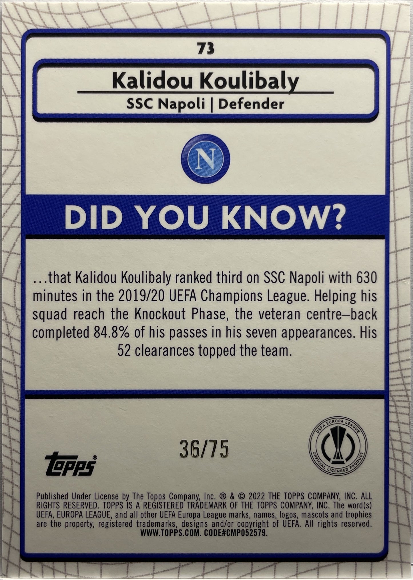 Kalidou Koulibaly 36/75 Blue Topps Chrome Merlin UCC 2021/22
