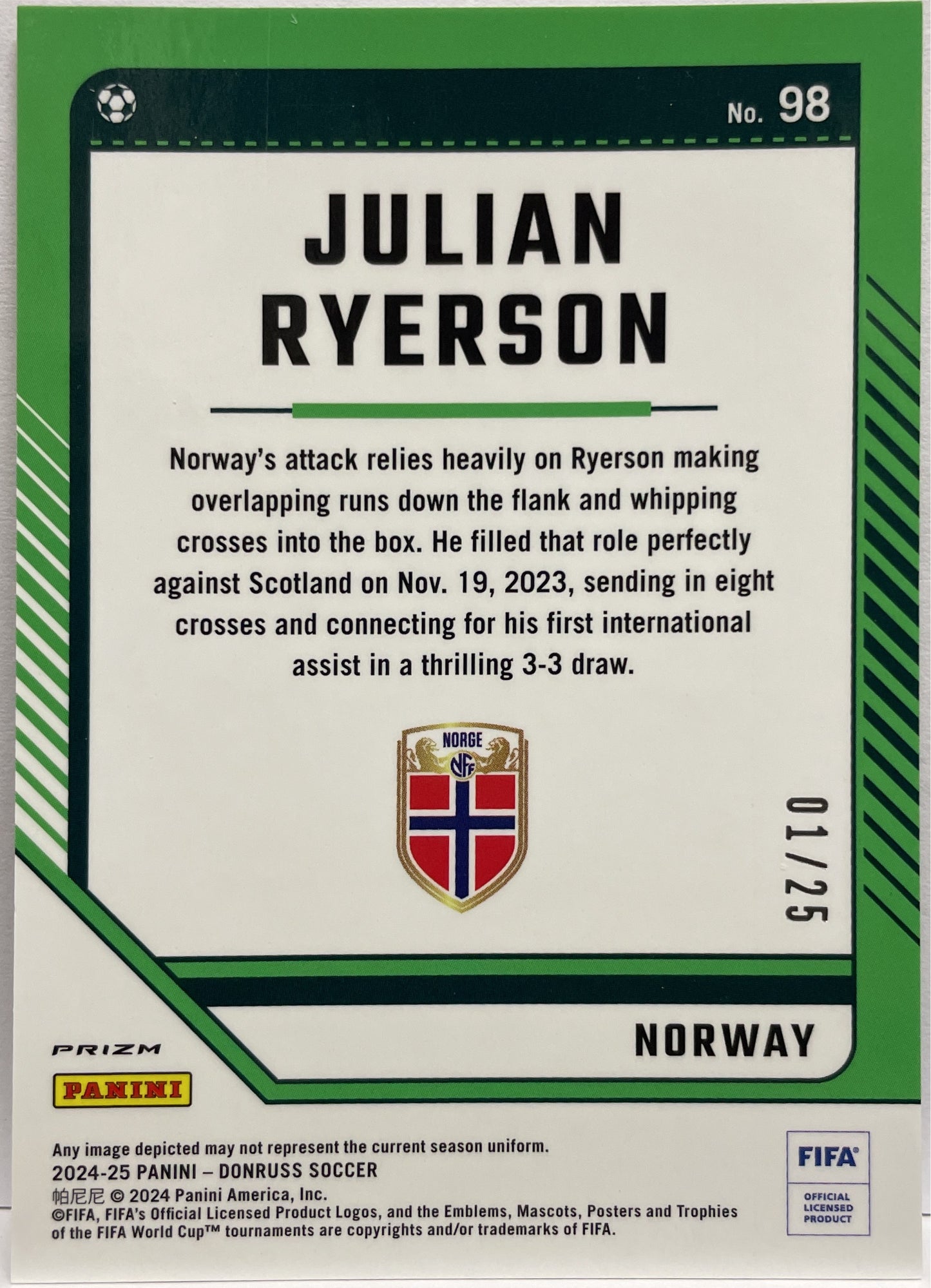 Julian Ryerson 1/25 Optic Purple Mojo Donruss Fifa 2024/25