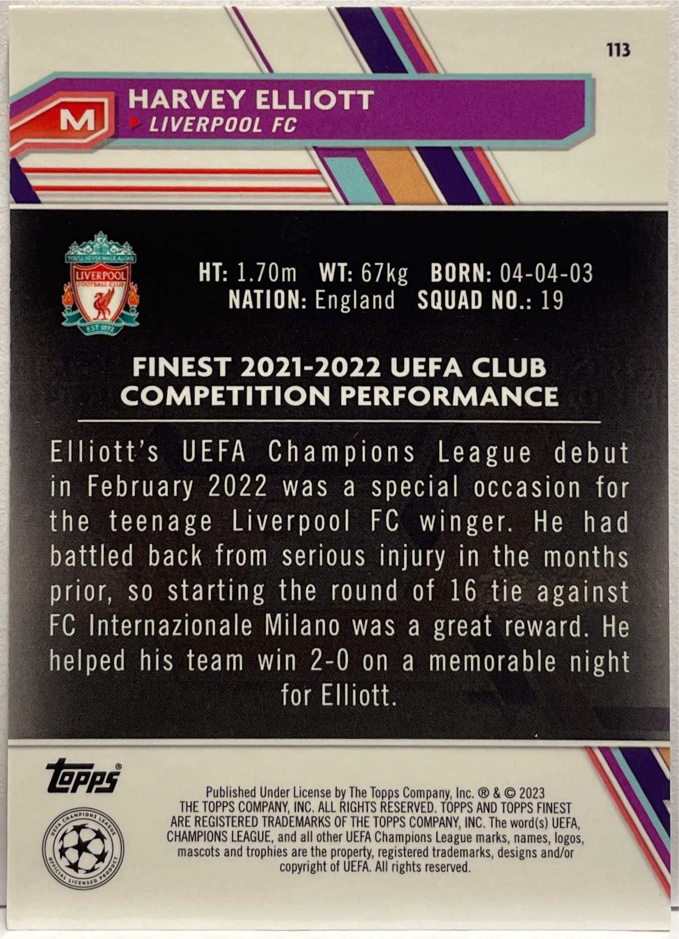 Harvey Elliott 56/75 Rose Gold Topps Finest UCC 2022/23