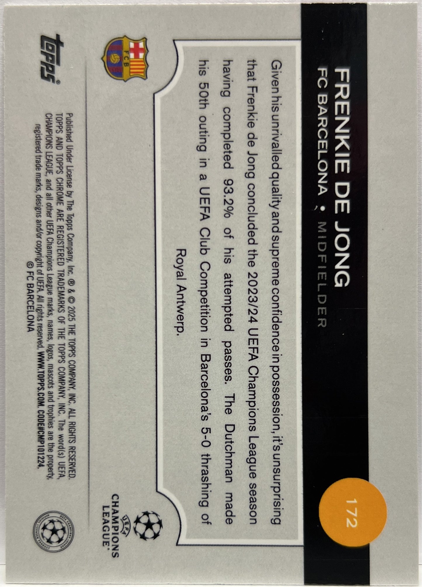 Frenkie De Jong 138/175 Neon Pink RayWave Topps Chrome UCC 2024/25