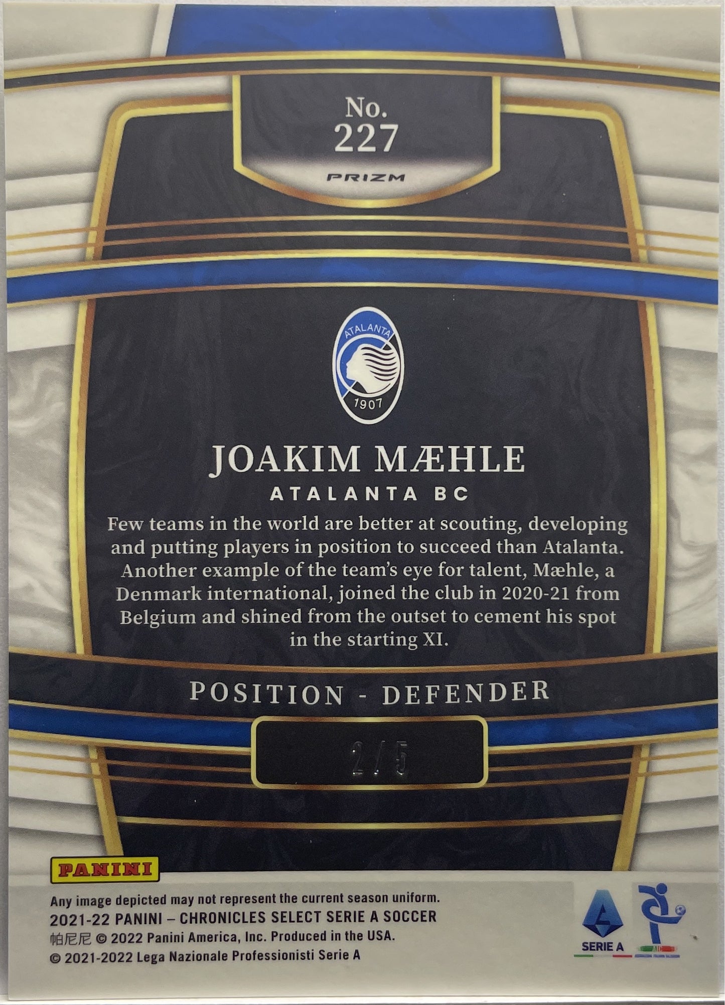 Joakim Maehle 2/5 Rookie Green Chronicles Select Serie A 2021/22