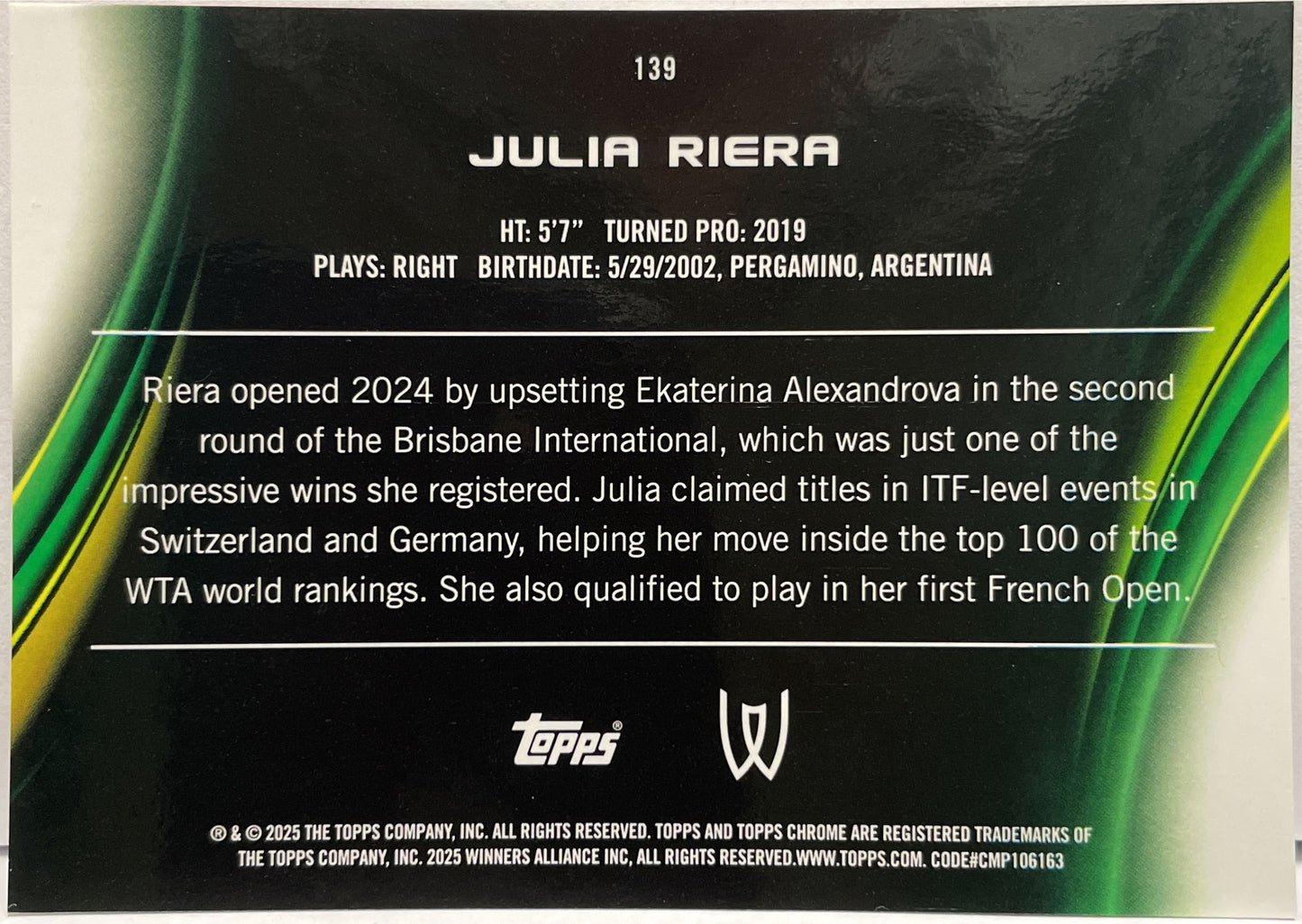 Julia Riera 1/5 Rookie Red Topps Chrome Tennis 2025