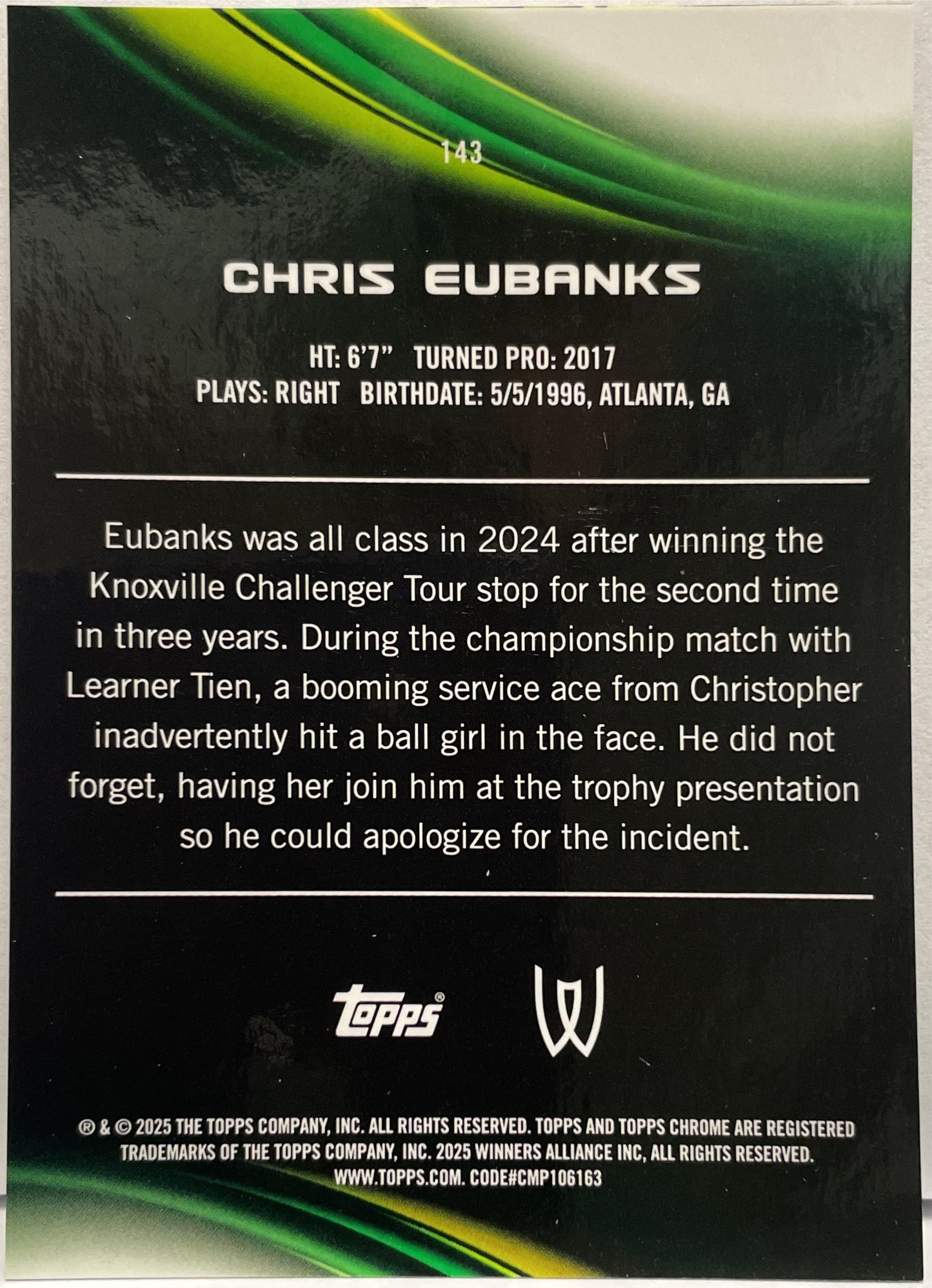 Chris Eubanks 1/10 Black Topps Chrome Tennis 2025