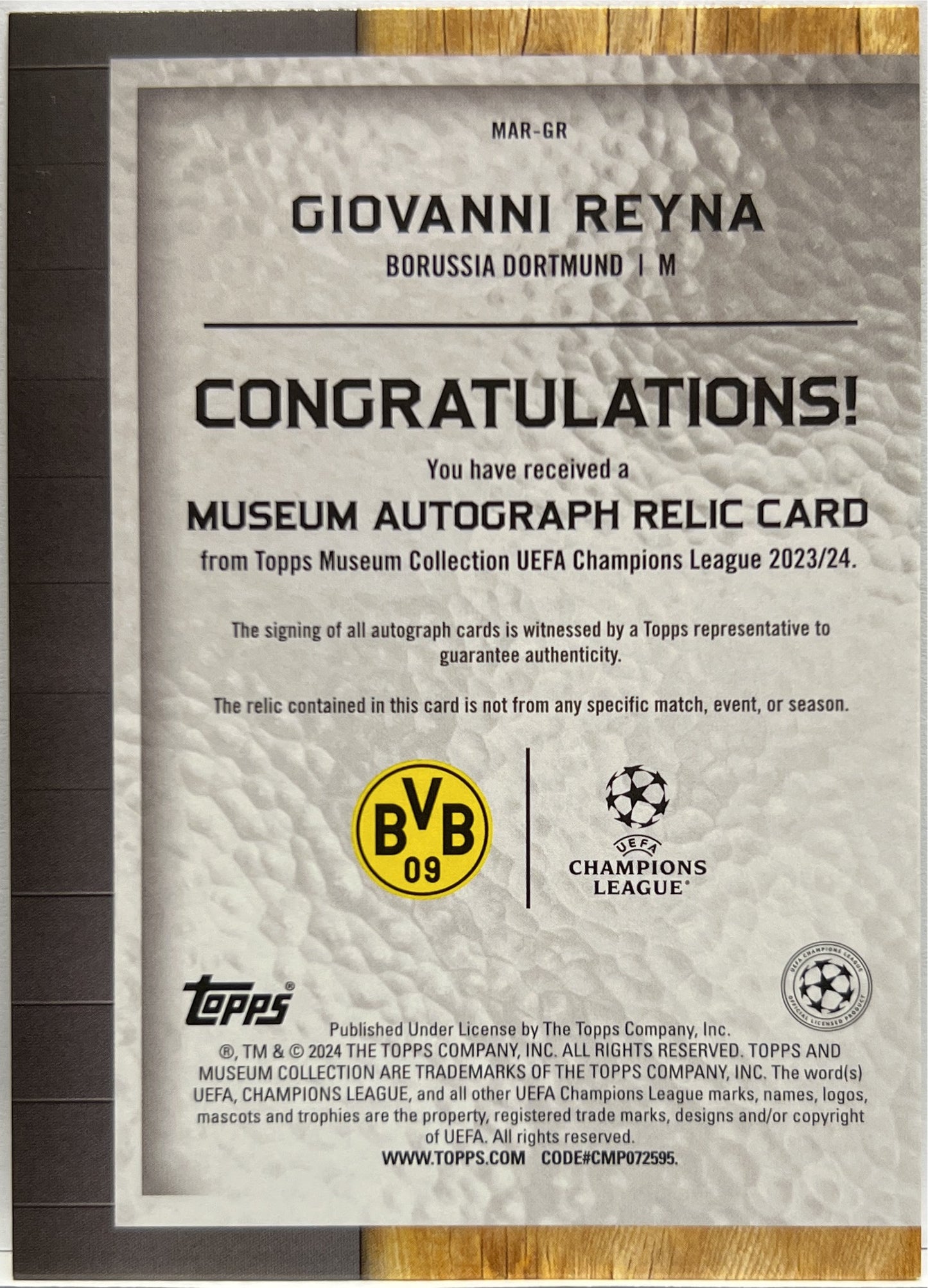 Giovanni Reyna 16/99 Patch Autograph Topps Museum 2022/23