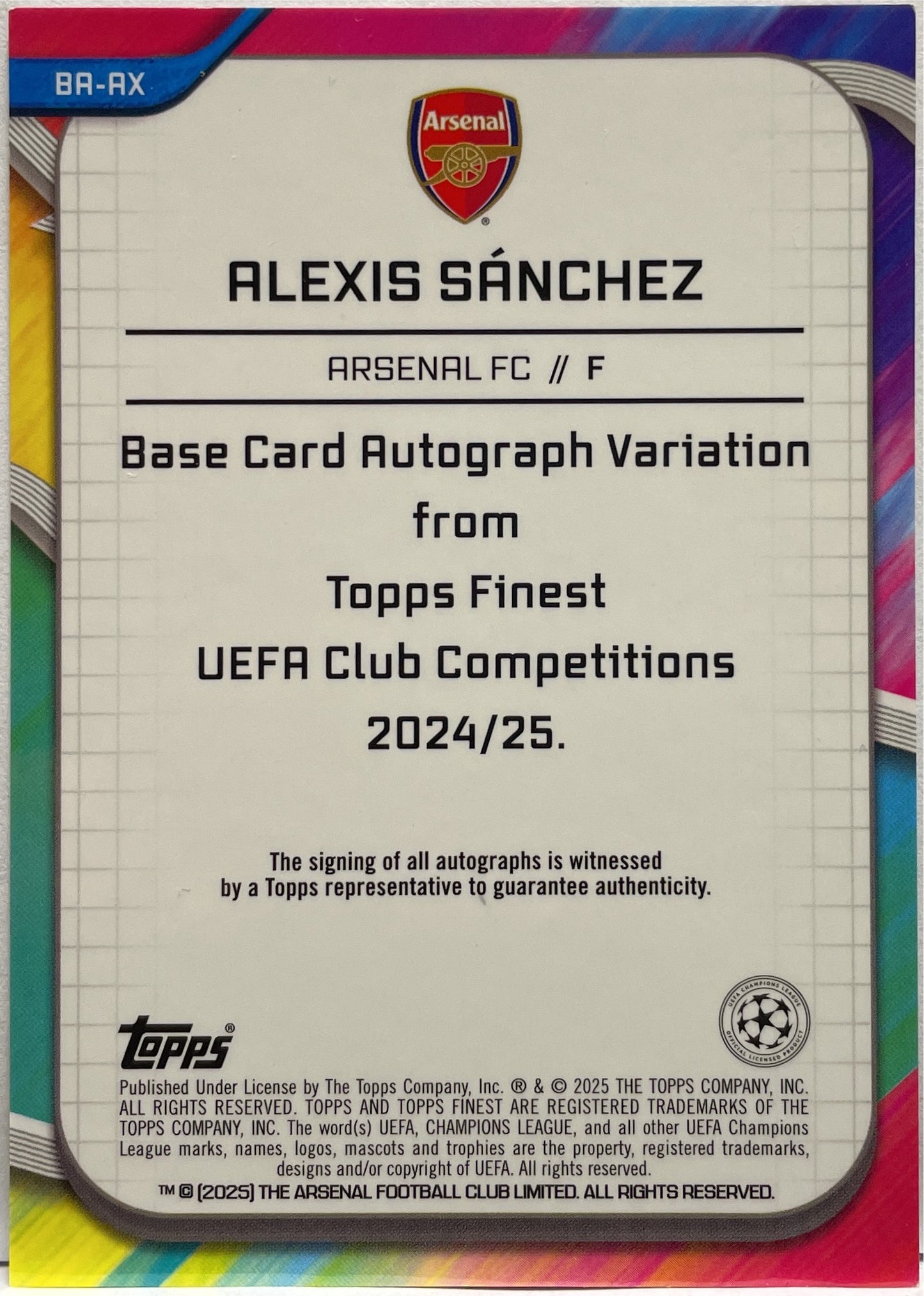 Alexis Sanchez 44/75 Autograph Magenta Topps Finest UCC 2024/25