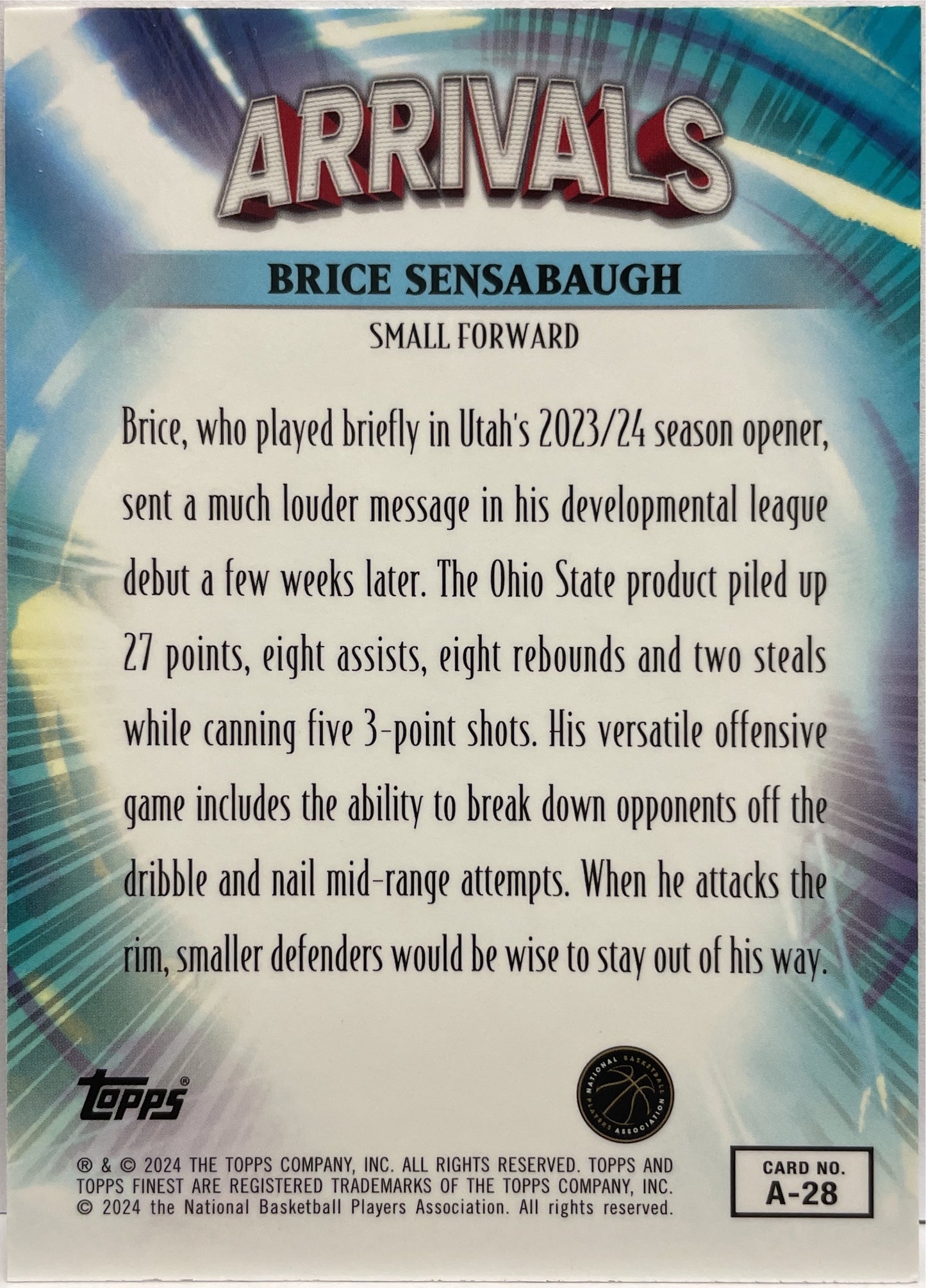 Brice Sensabaugh 24/150 Rookie Arrivals Blue Topps Finest NBA Basketball 2023/24