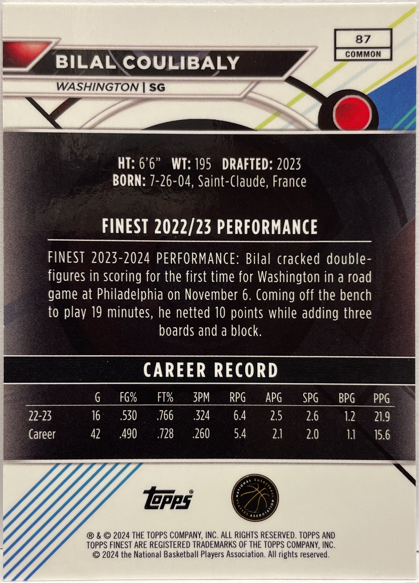 Bilal Coulibaly 35/125 Rookie Purple Topps Finest NBA Basketball 2023/24