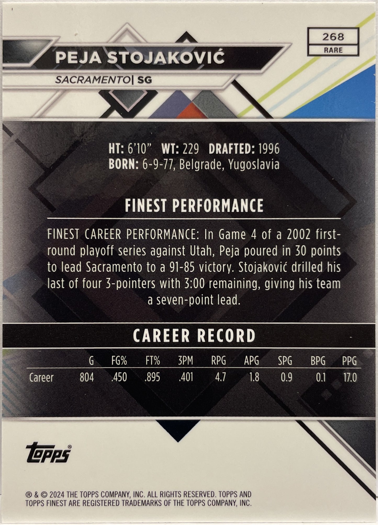 Peja Stojakovic 10/75 Purple Topps Finest NBA Basketball 2023/24