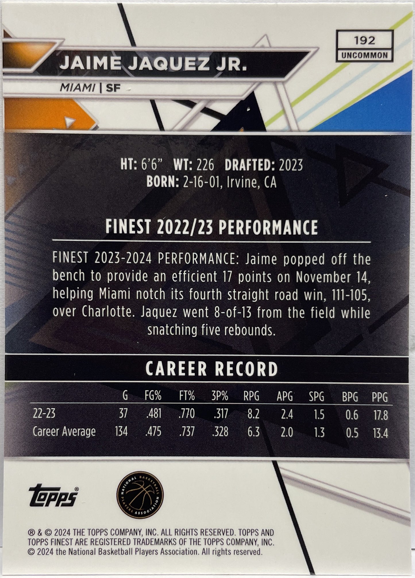 Jaime Jaquez Jr 14/75 Rookie Blue Topps Finest NBA Basketball 2023/24