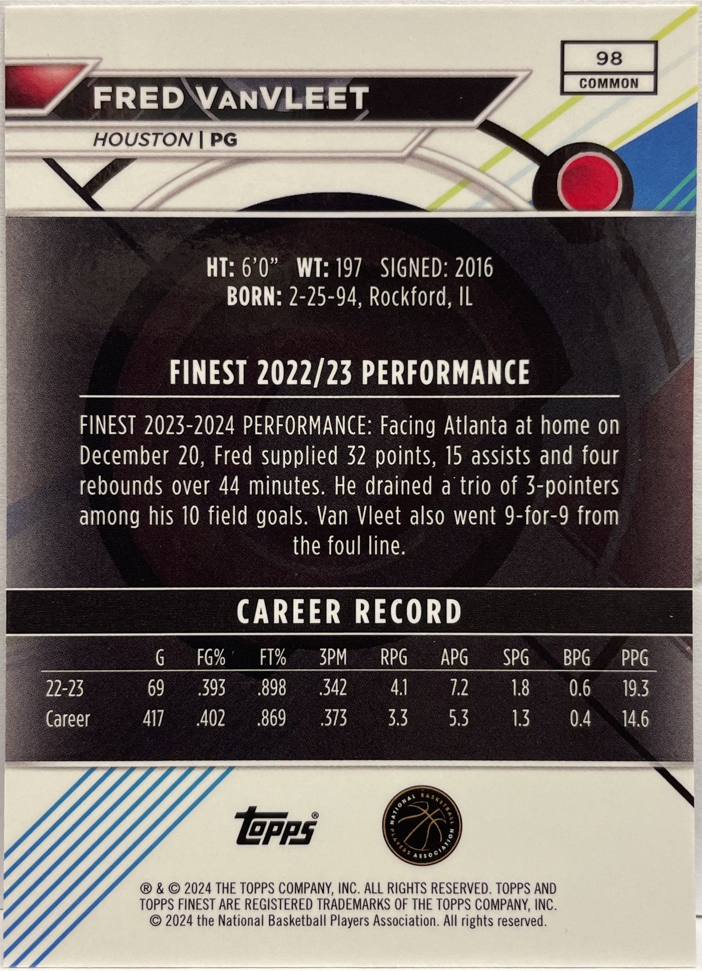Fred VanVleet 59/99 Blue Topps Finest NBA Basketball 2023/24
