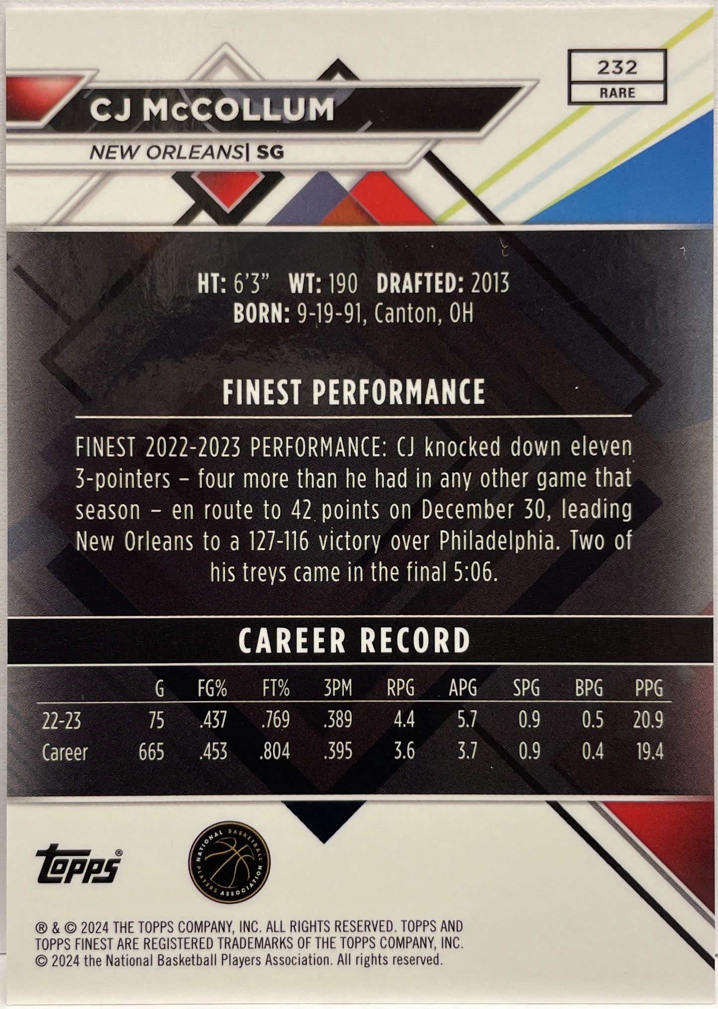 CJ McCollum 29/49 Blue Topps Finest NBA Basketball 2023/24