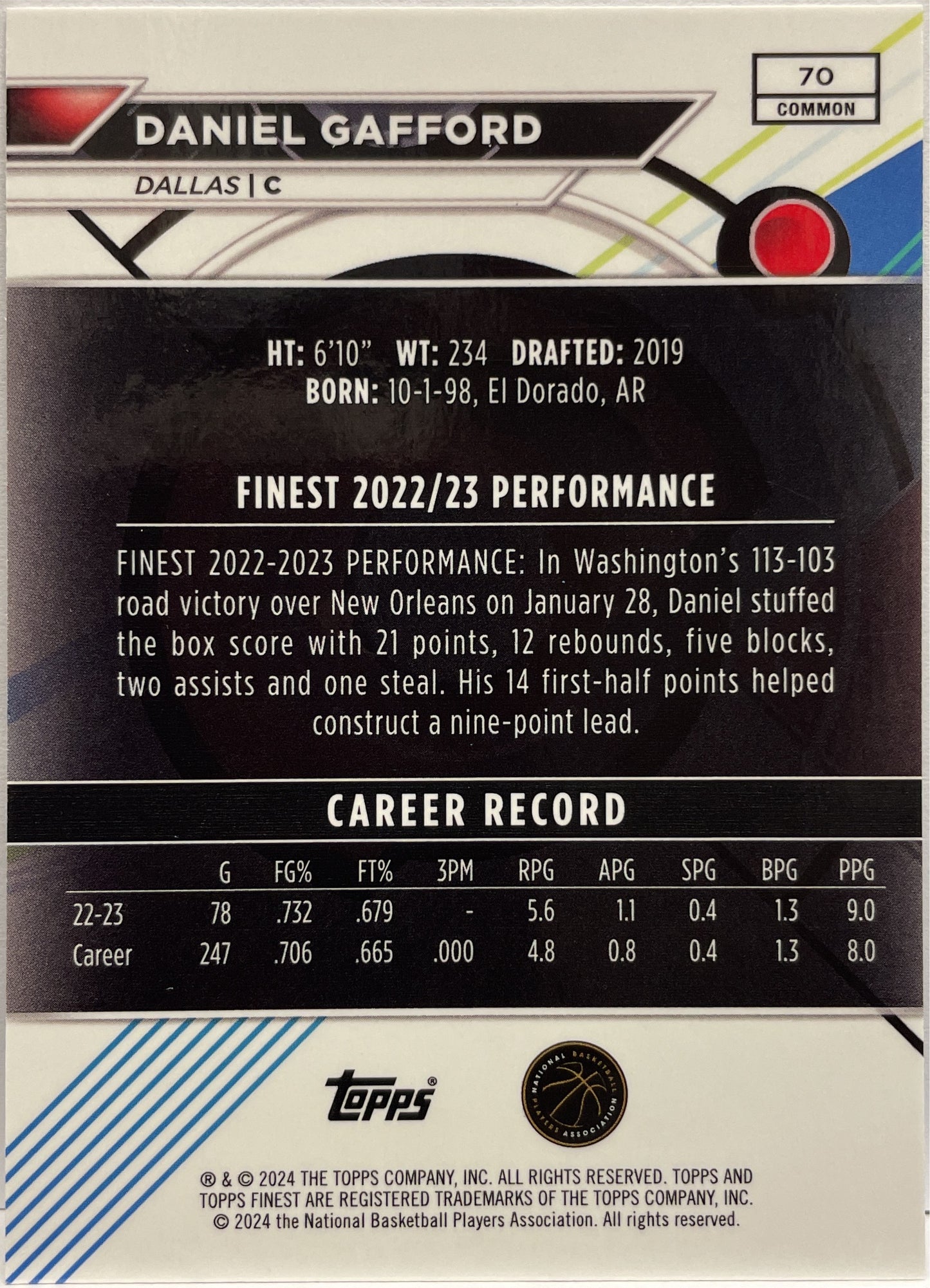 Daniel Gafford 92/150 Blue Topps Finest NBA Basketball 2023/24